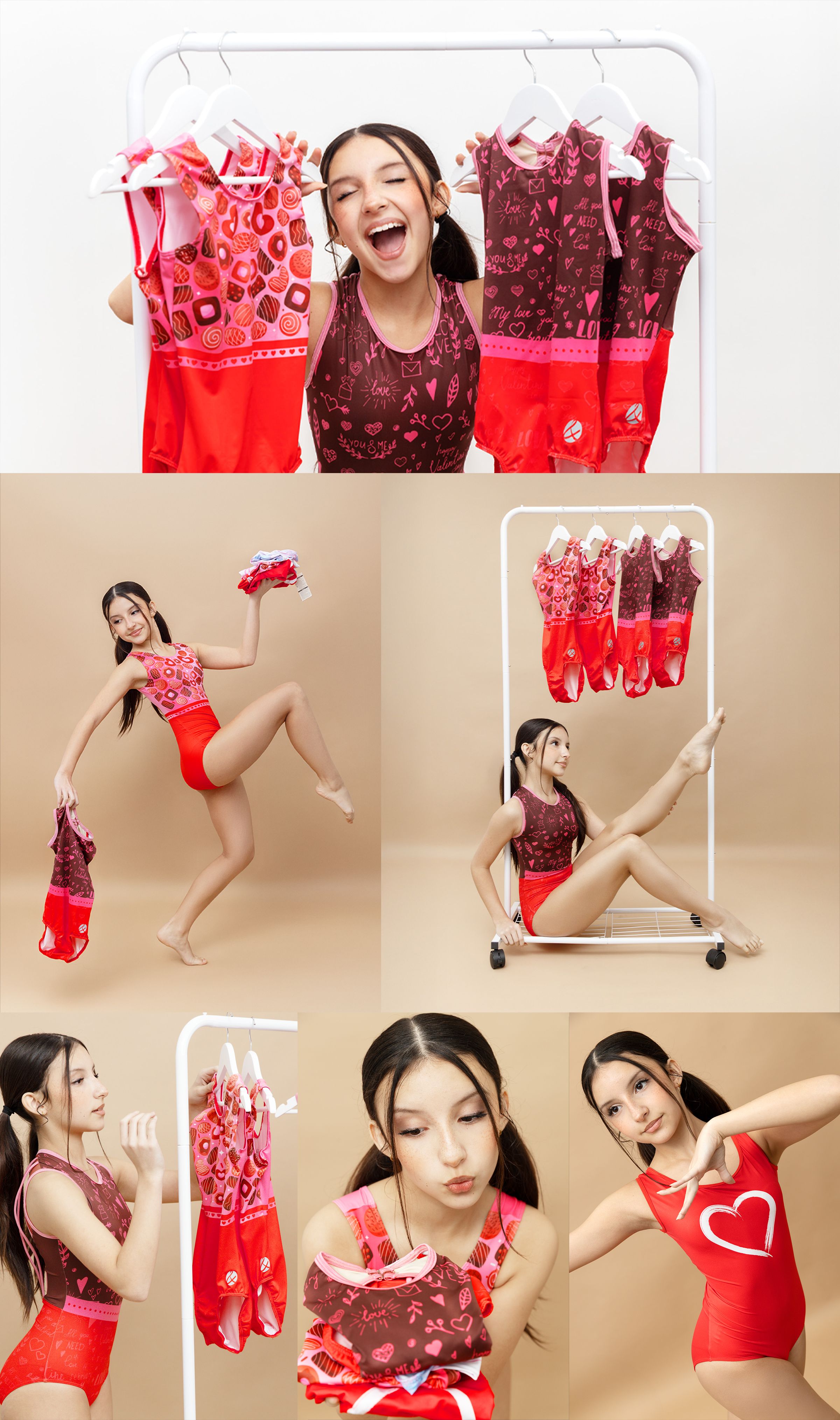 Seasonal leotard campaign, athlete choosing from a clothing rack