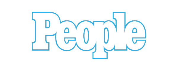 People magazine logo in bold white letters outlined in blue on a white background.