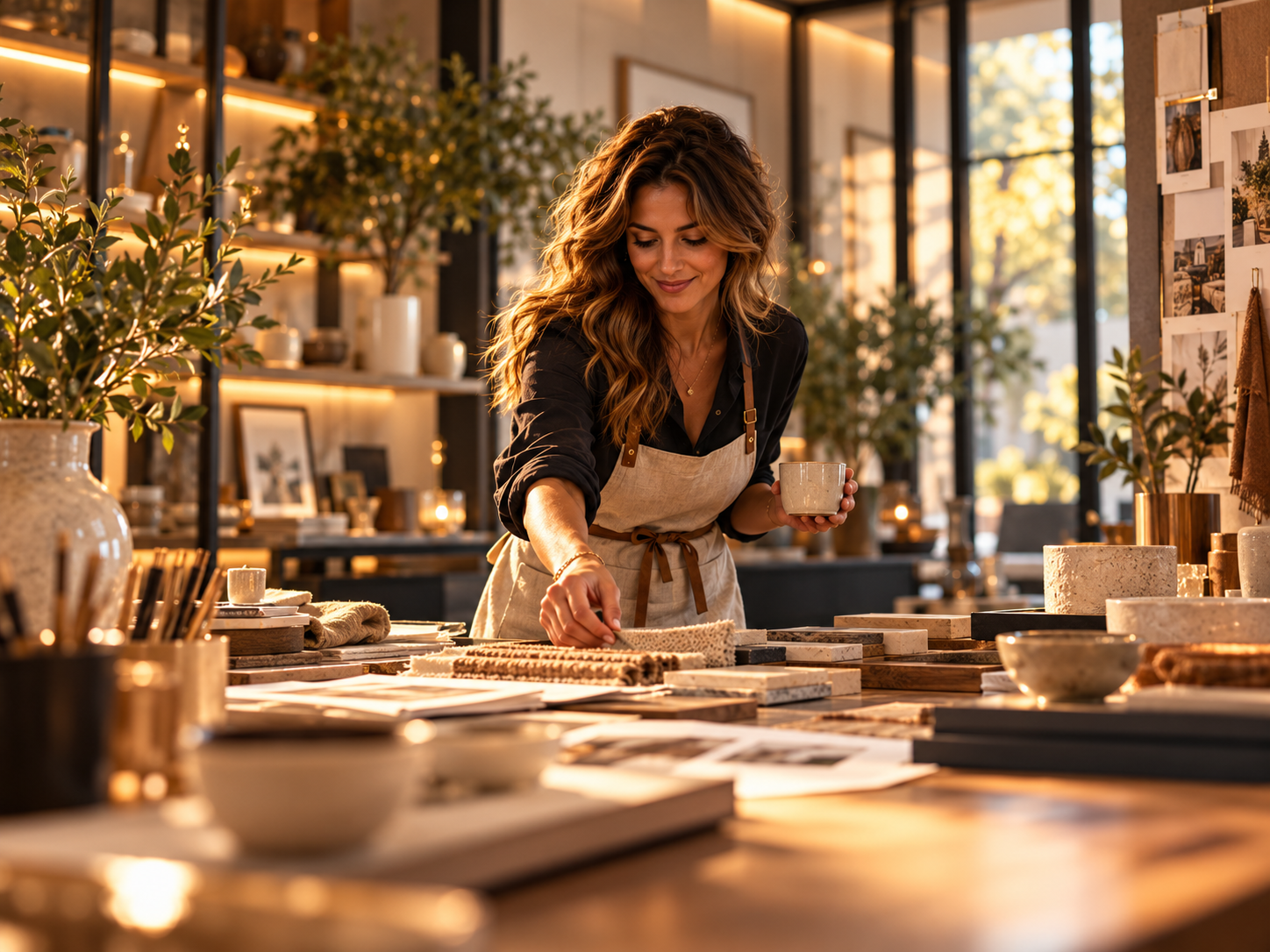 Three-panel collage of a bright modern restaurant showing chefs plating fresh dishes and a smiling woman holding a cup near a counter.