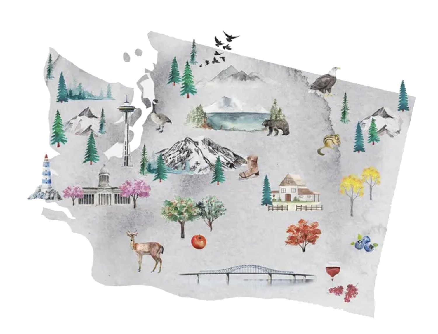 Watercolor illustrated map of Washington State featuring mountains, wildlife, trees, and landmarks.