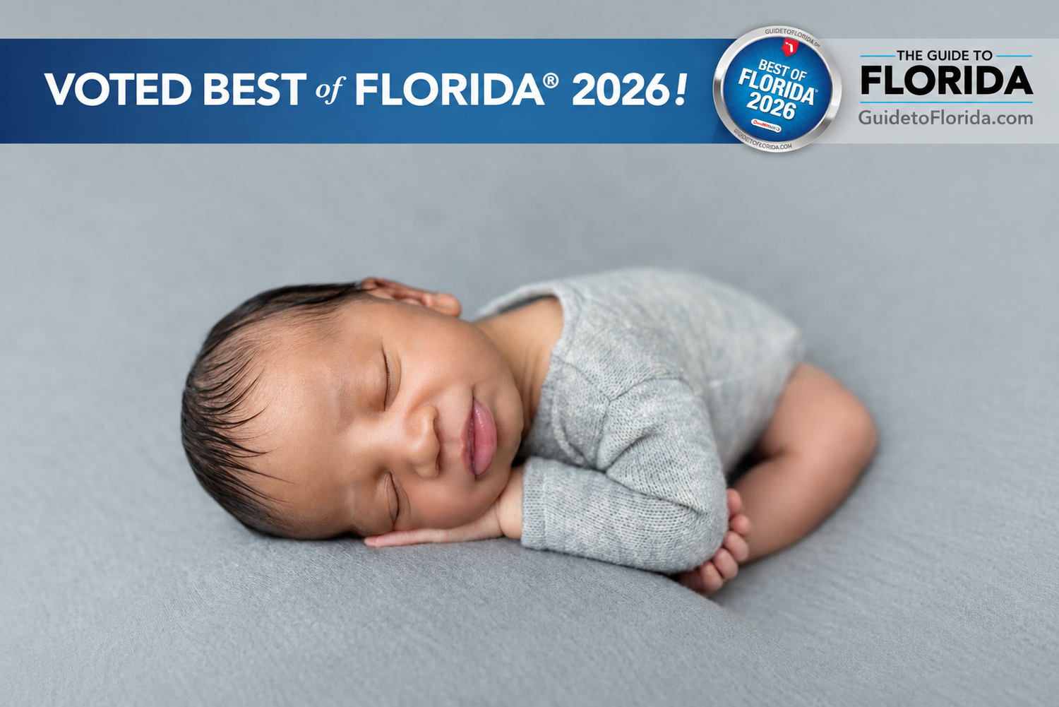 Newborn baby sleeping peacefully, voted Best of Florida 2026 award winner badge displayed on gray background.