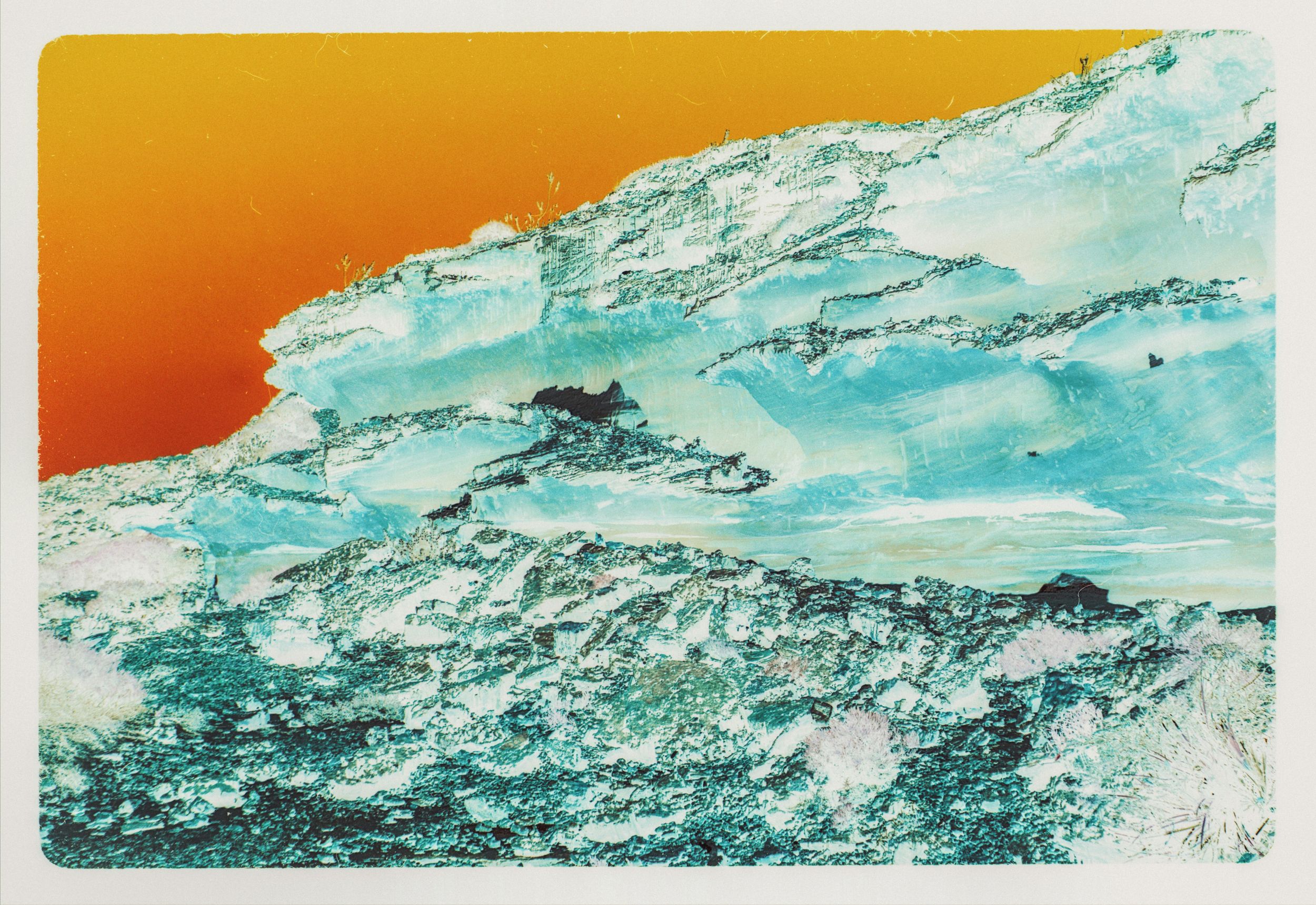Aerial view of turquoise glacial ice formations against a vivid orange sky in a colorful landscape print.
