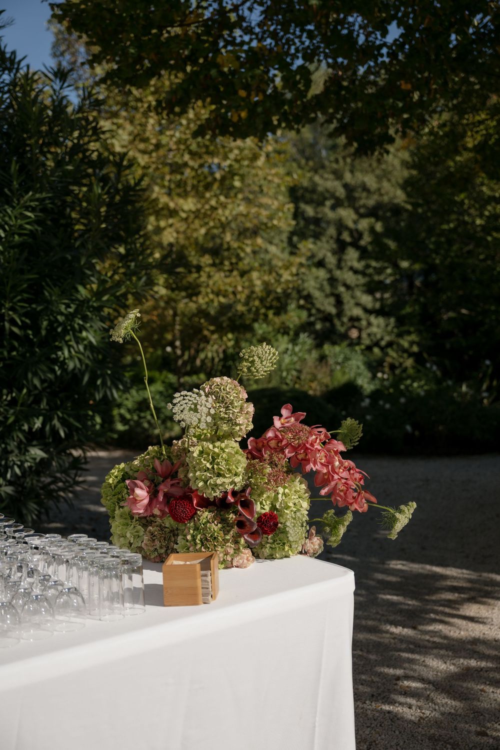 Elegant outdoor event table with lush floral centerpiece of hydrangeas and roses, lined with glass stemware on white linen.