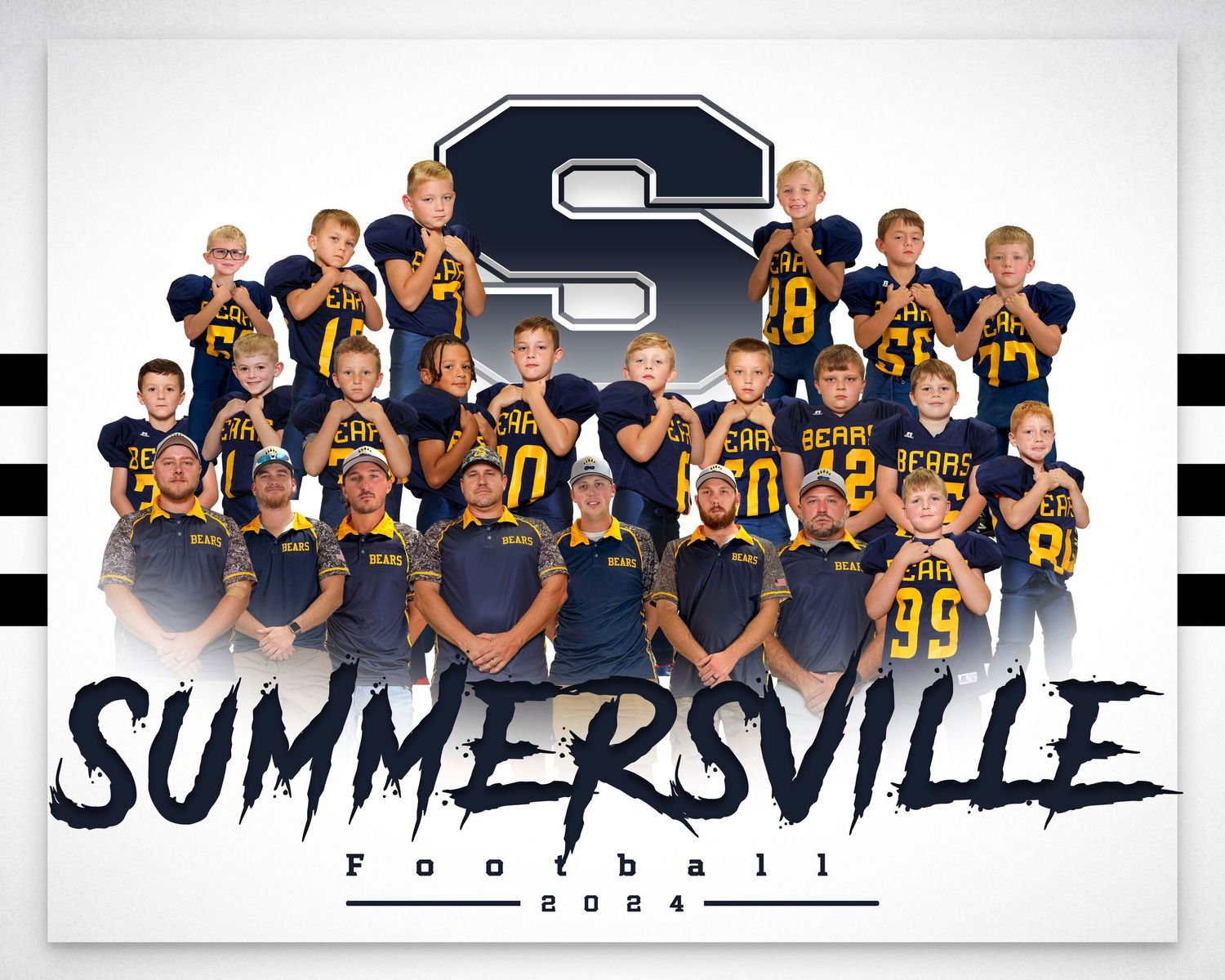 Summersville Football 2024 youth team photo with players in navy and gold uniforms posing together.