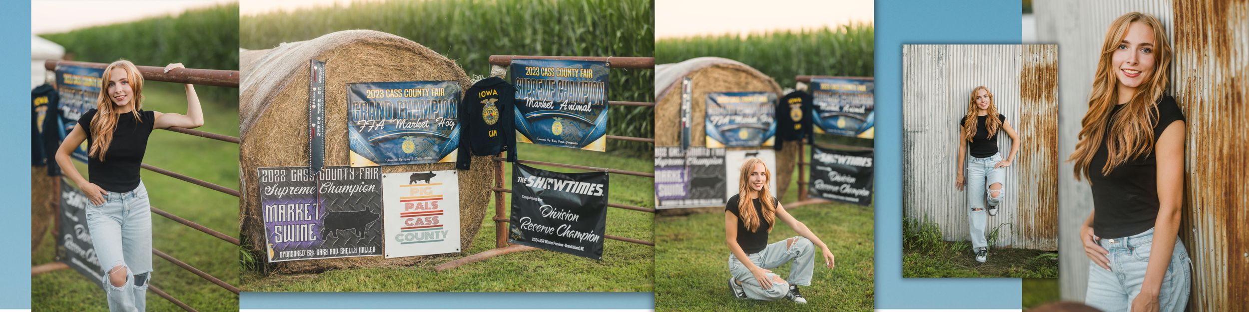 Young blonde woman posing outdoors near camping tents and promotional banners in a rustic field setting.  JADE MADE