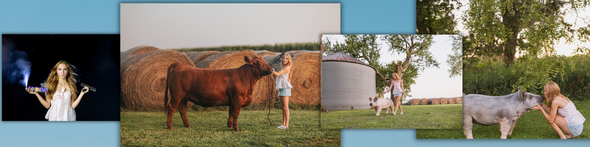 A collage of rural farm scenes featuring a woman, a brown bull, hay bales, a water tank, and a donkey outdoors. JADE MADE