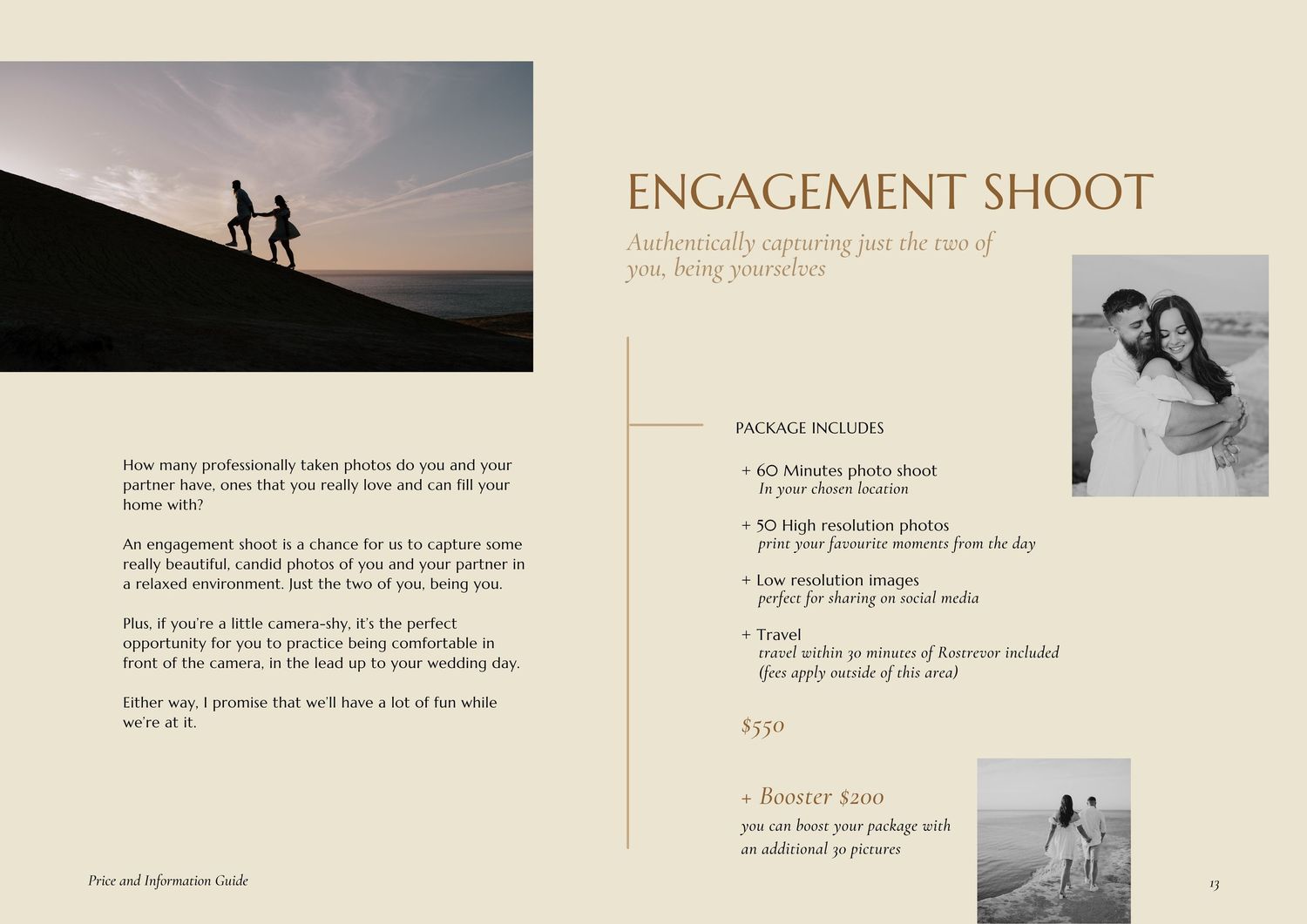 Davish Photography price and information guide cover featuring a romantic bride and groom embracing in elegant wedding attire.