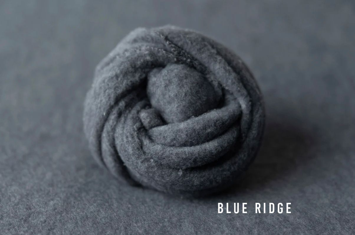 Blue Ridge gray felted wool roving rolled into a coil, displayed on a gray background.