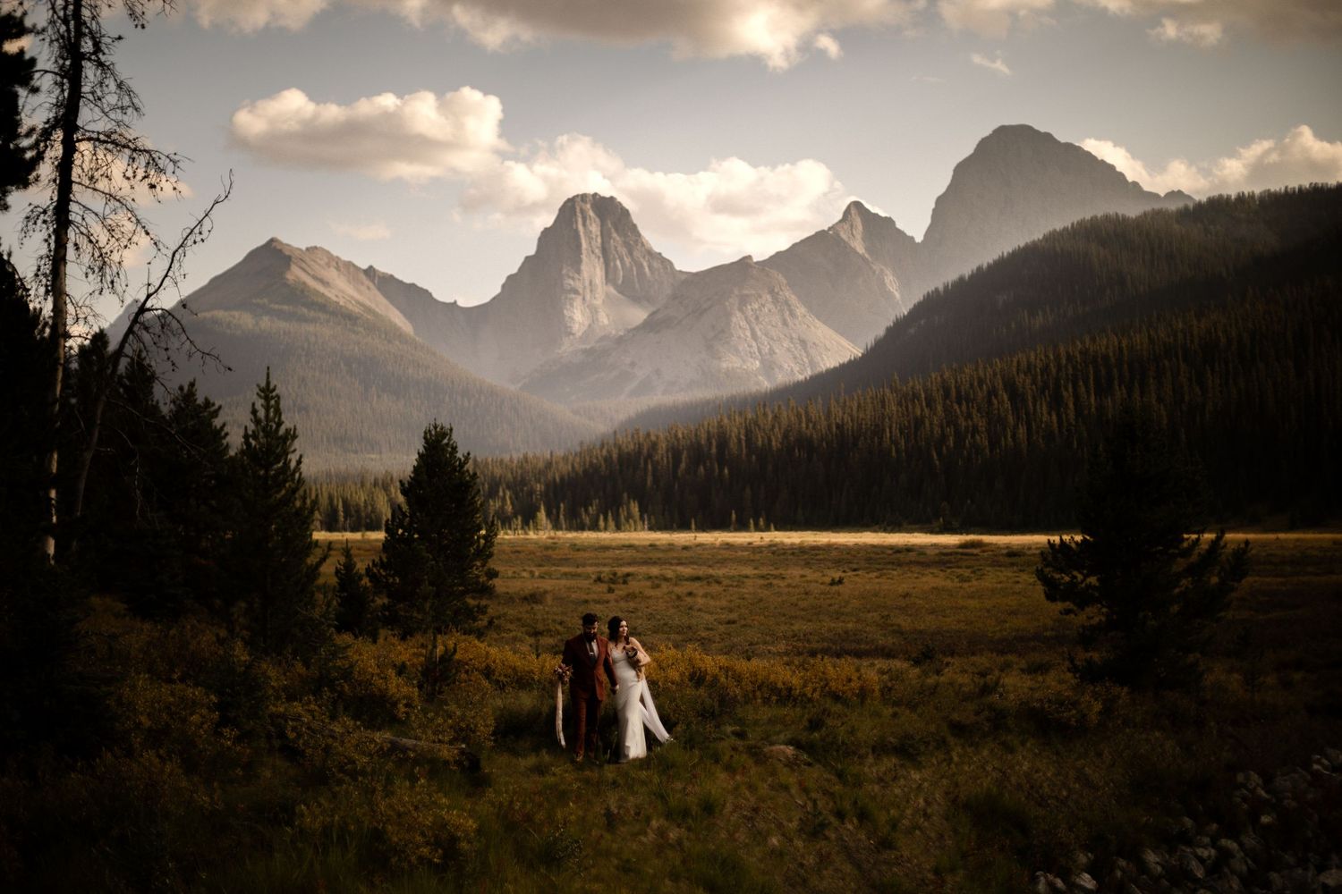 Bride and groom walking hand in hand through a golden meadow below Rocky Mountain peaks, by a Canmore wedding photographer