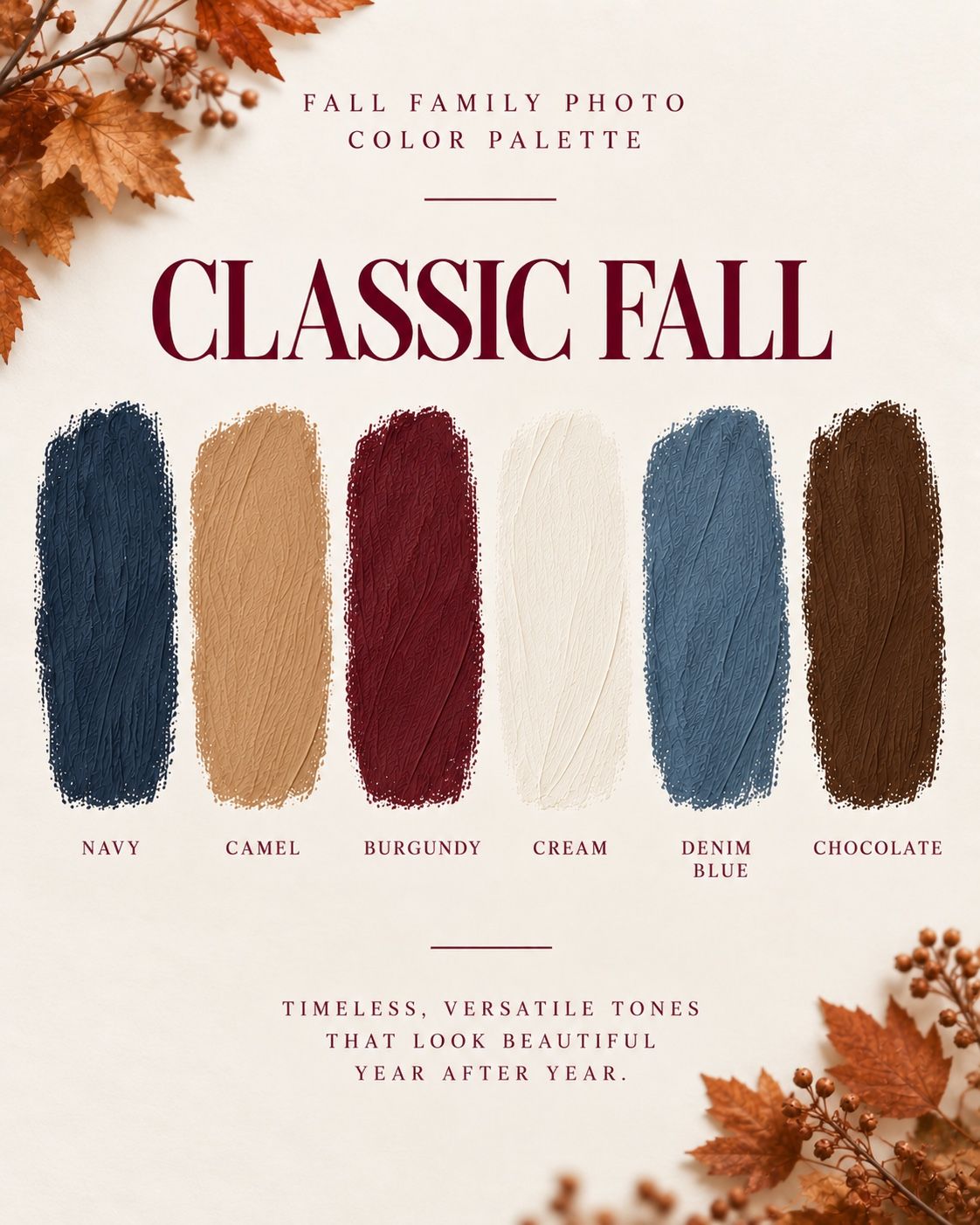 Warm and earthy fall family photo color palette featuring chocolate, rust, camel, cream, olive, and warm tan swatches.