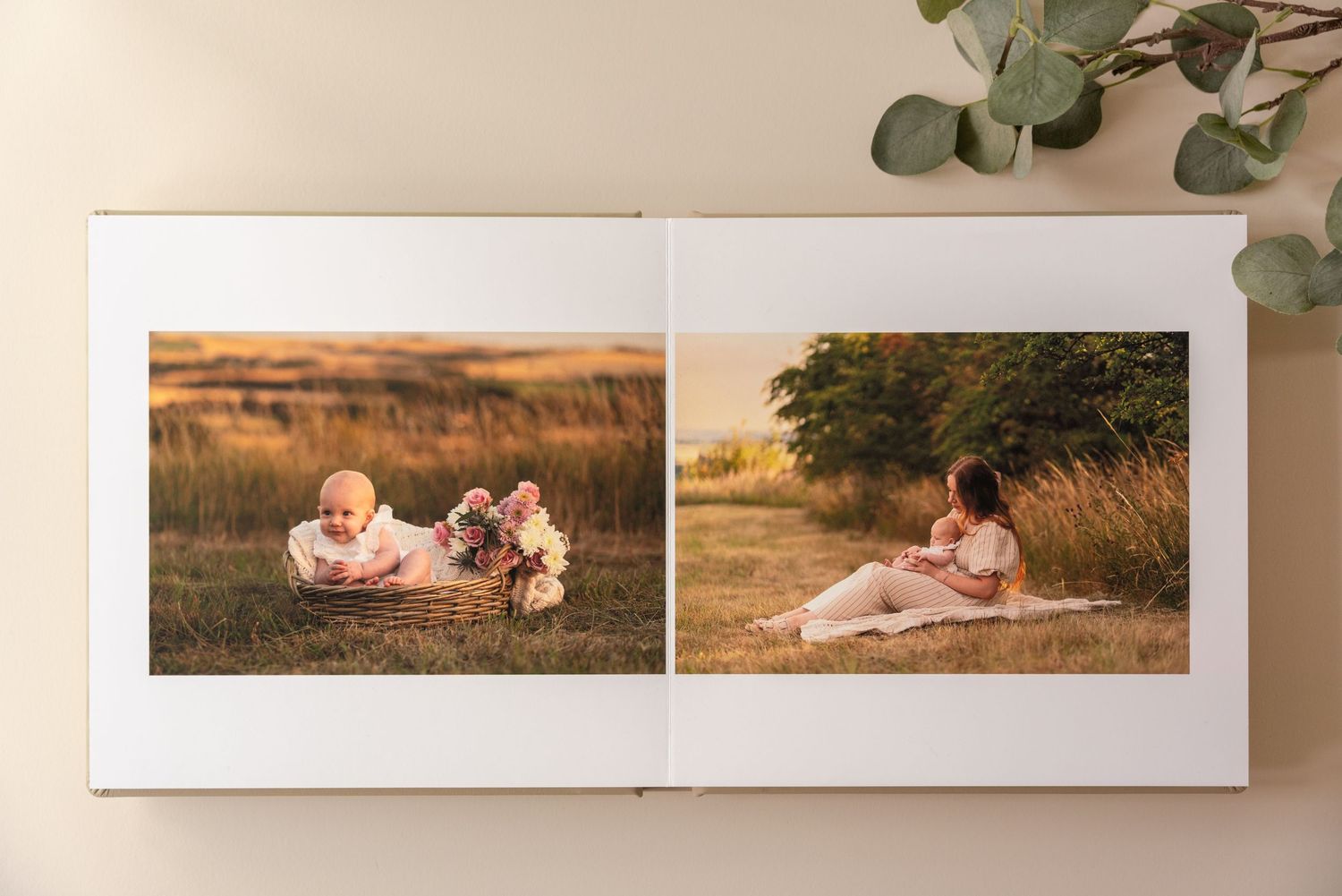 Open photo album showing a newborn baby in a basket with flowers beside a pregnant mother posing on a blanket in a golden field.