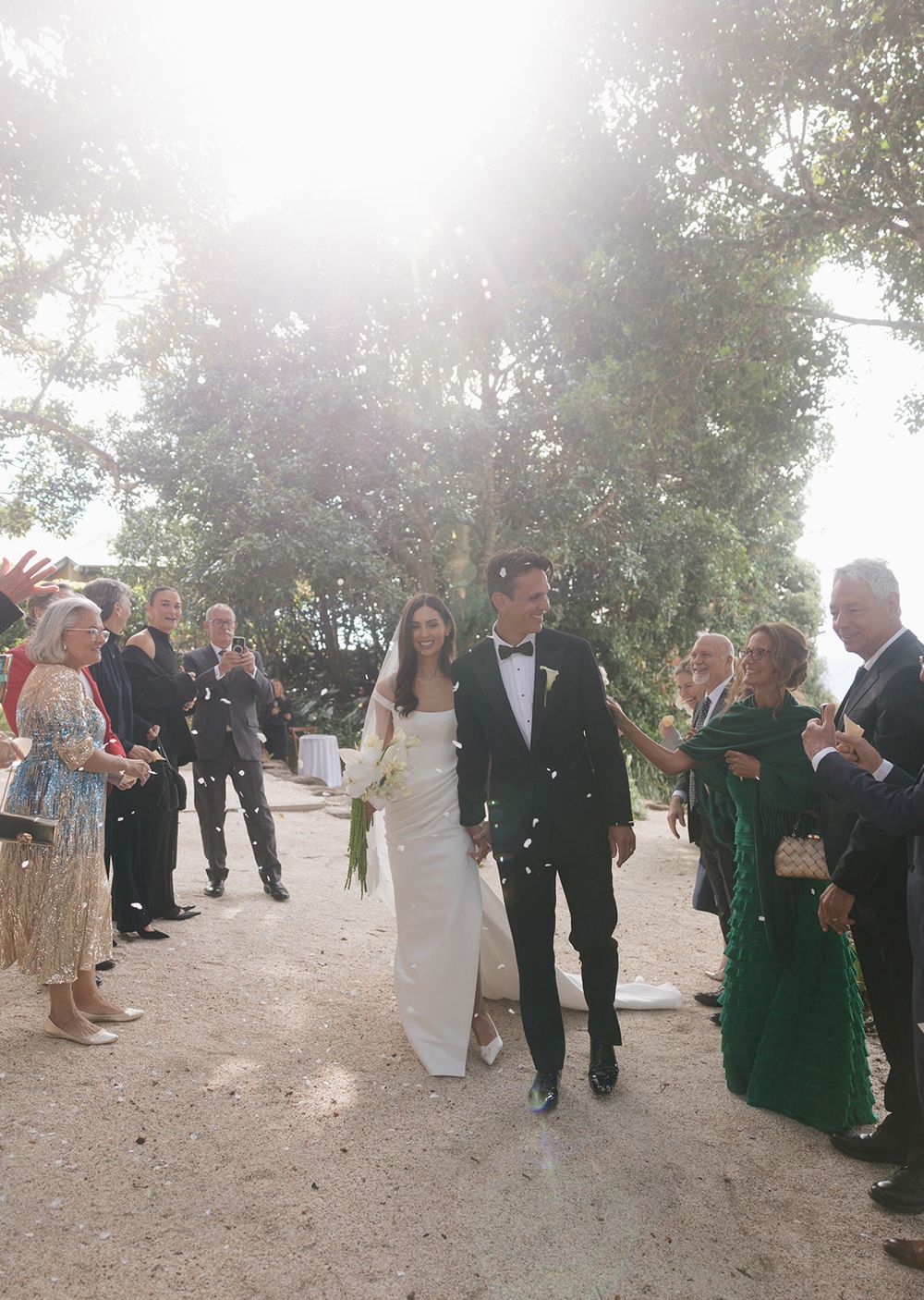 Bride and groom walk hand in hand down a sunlit garden path as smiling wedding guests applaud beneath tall trees.
