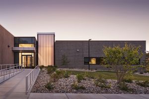 Exterior photo of entry at the SARTA transit Headquarters offices in Canton designed by Bowen+ Architects.