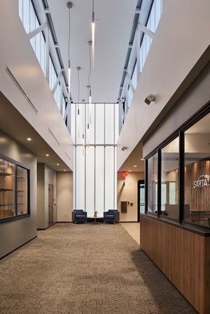 Interior photo of entry at the SARTA transit Headquarters offices in Canton designed by Bowen+ Architects.