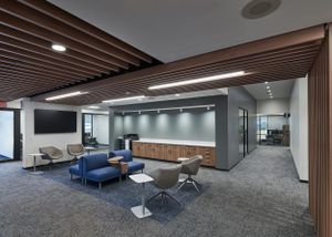 Interior photo of employee lounge at the SARTA transit Headquarters offices in Canton designed by Bowen+ Architects.