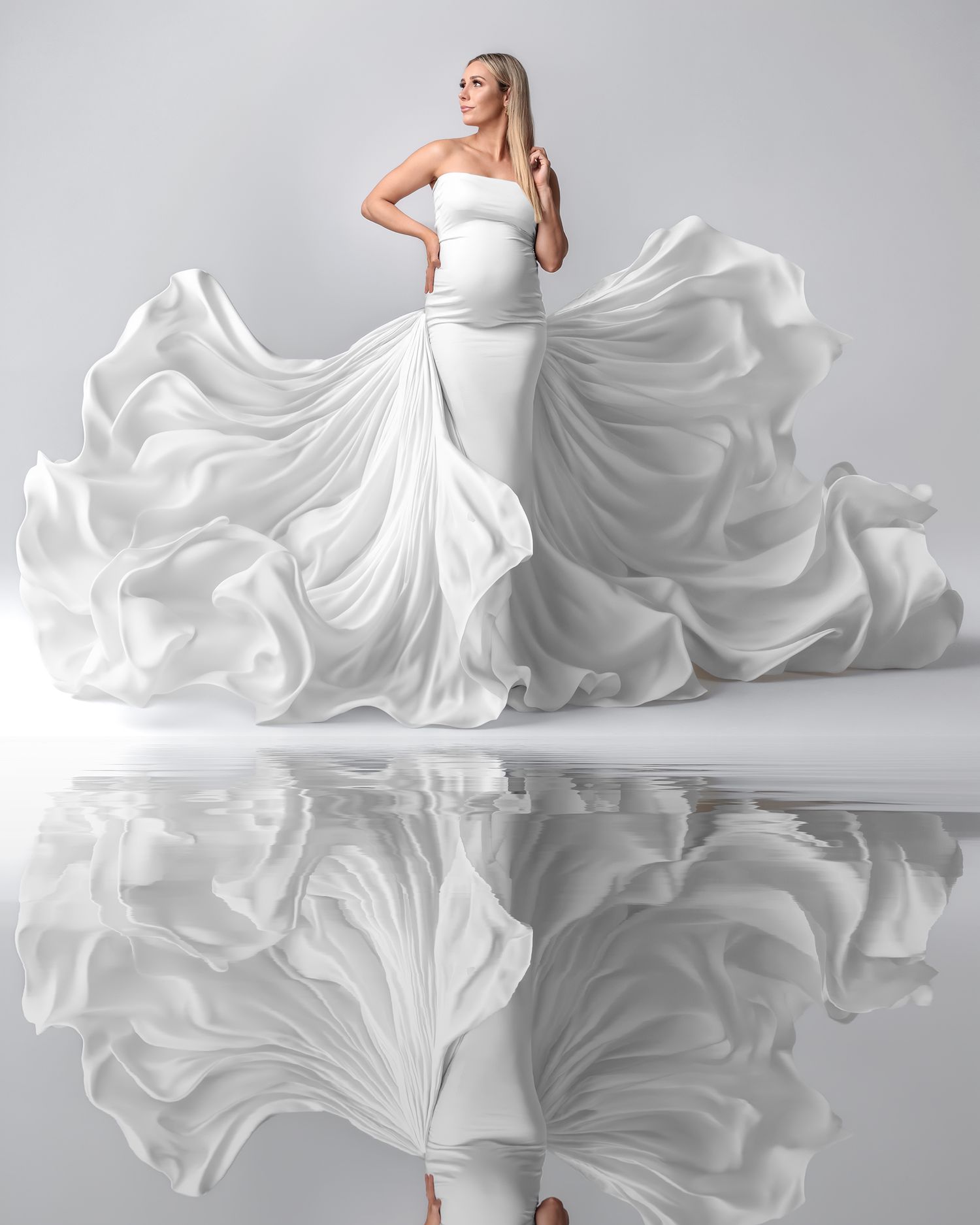 Digital art scene woman in white dress blowing up with white flower hat in front of water reflection.