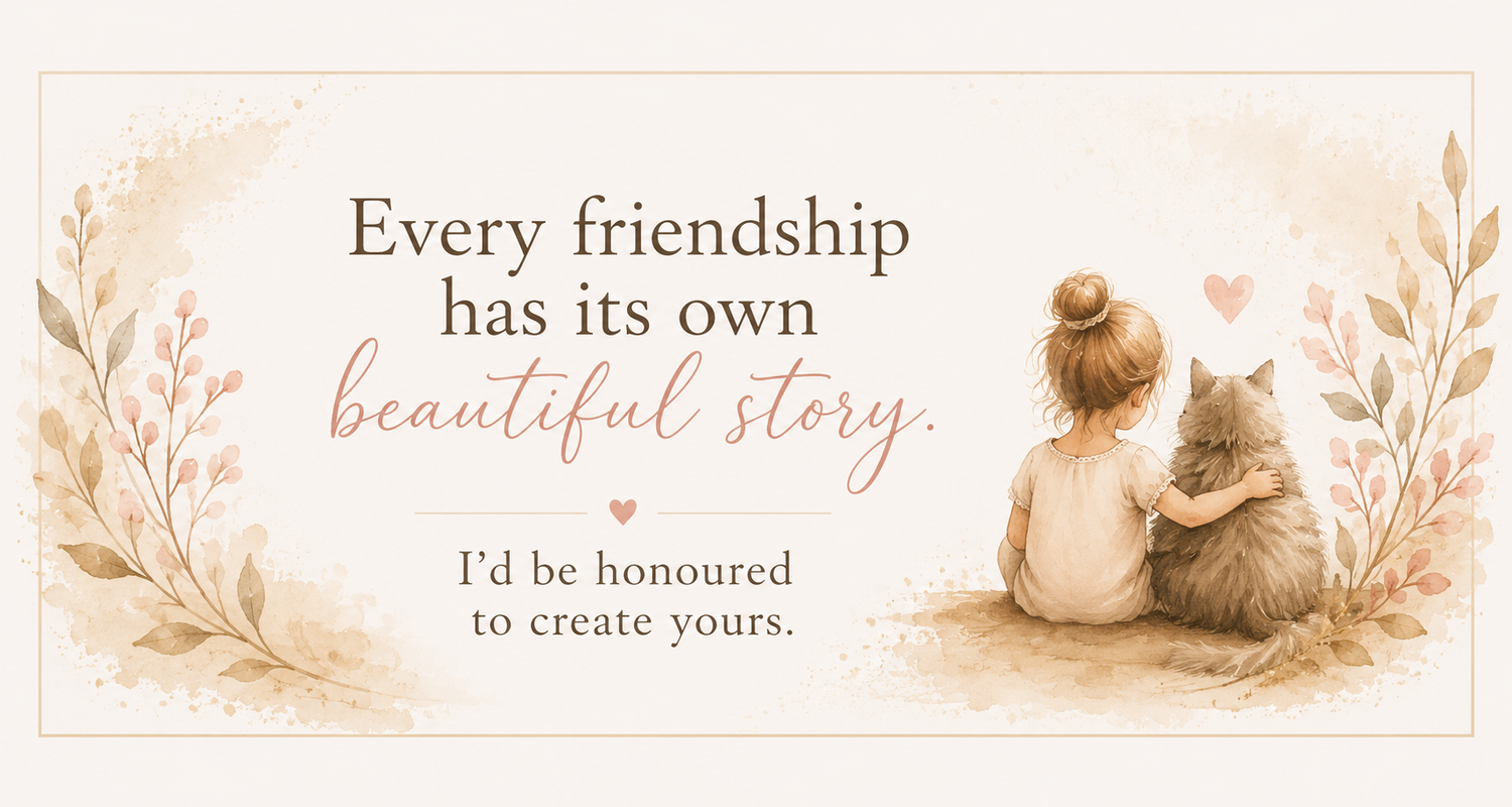 Watercolor illustration of a girl and cat sitting together with friendship quote and floral accents in soft beige tones.