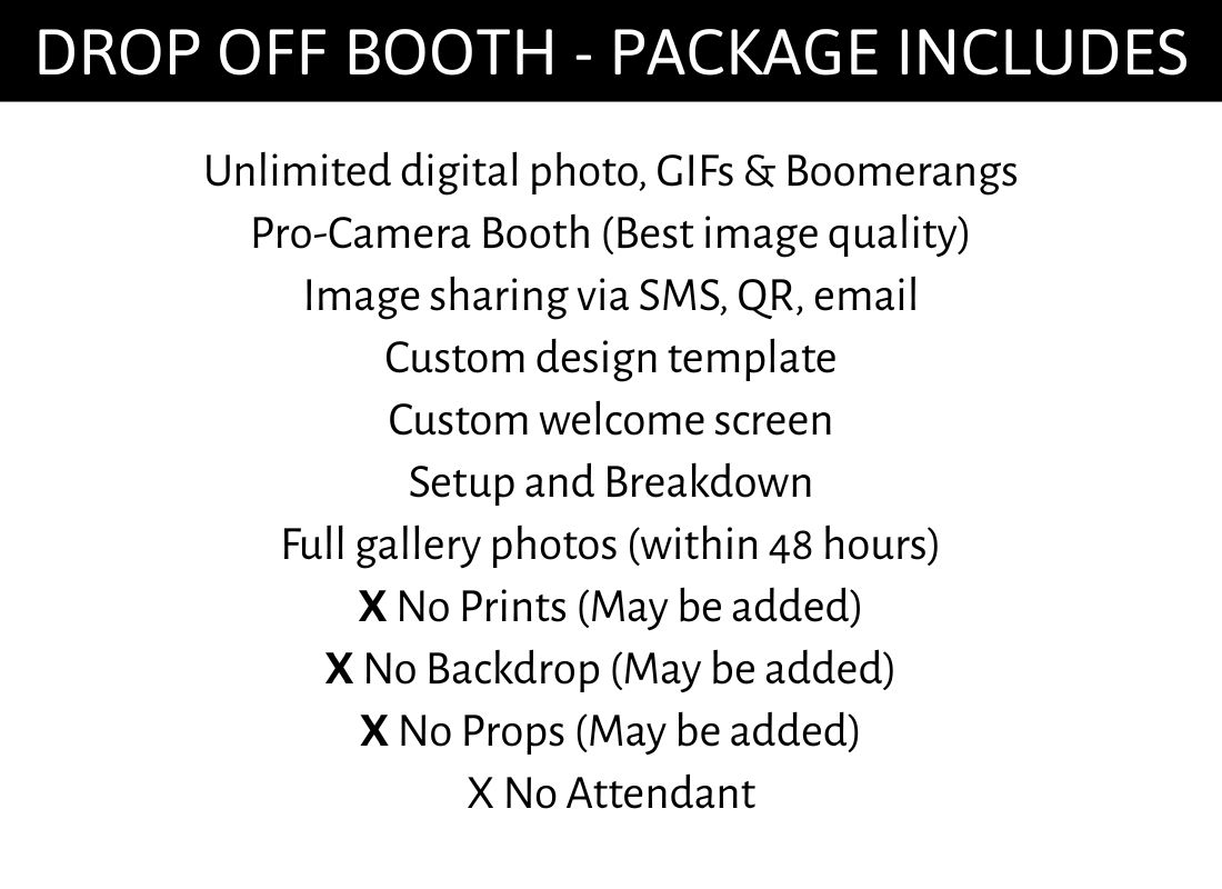 Photo booth package includes unlimited prints, GIFs, boomerangs, custom design, pro camera, backdrop choice, props, and gallery photos.