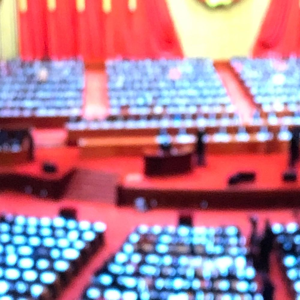 Blurred view of a large red ceremonial hall with rows of blue seats and red curtains.