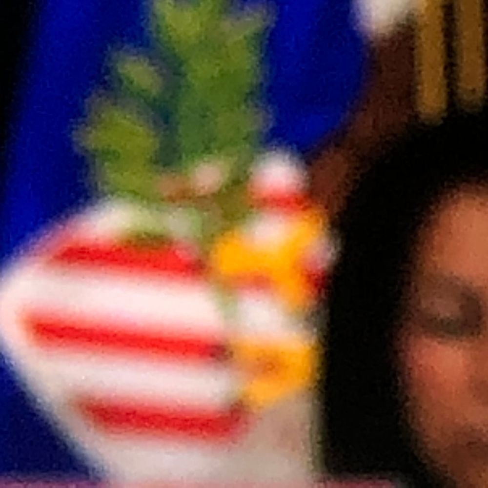 Blurry image of a decorative pineapple centerpiece with red and white stripes near a blue flag and a person.