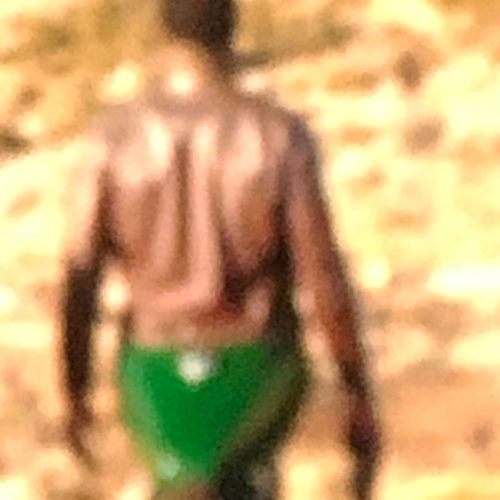 Shirtless man in green swim trunks standing outdoors near a sandy rocky background.
