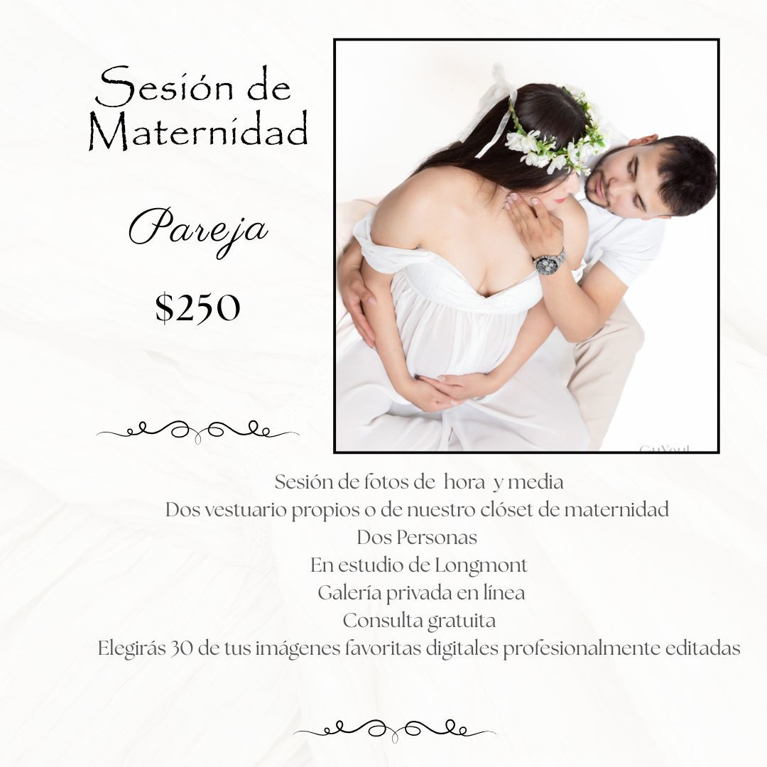 Maternity couples photo session advertisement showing pregnant woman embraced by partner, priced at $250 in Longmont studio.
