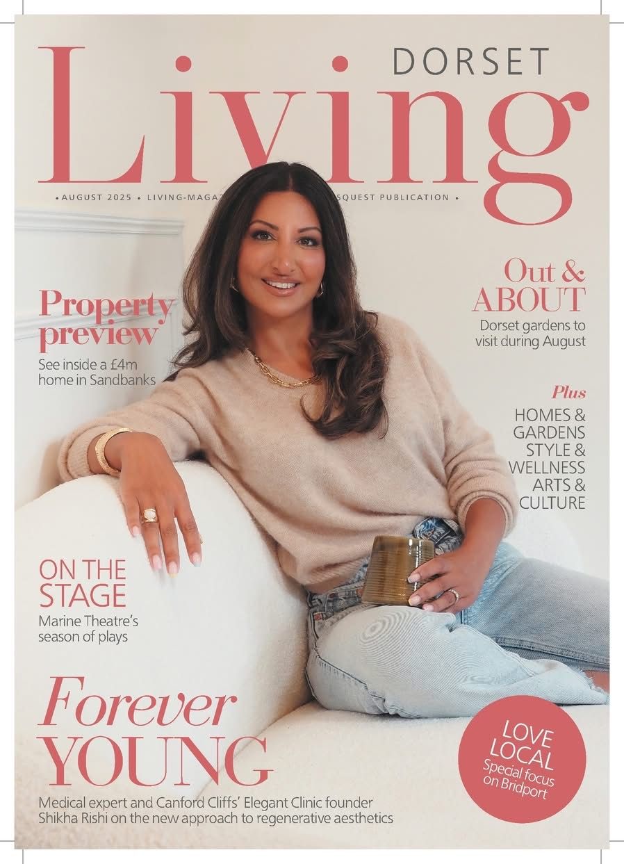 Magazine cover of Dorset Living featuring a casual lifestyle photo with beige sweater and jeans on white background.