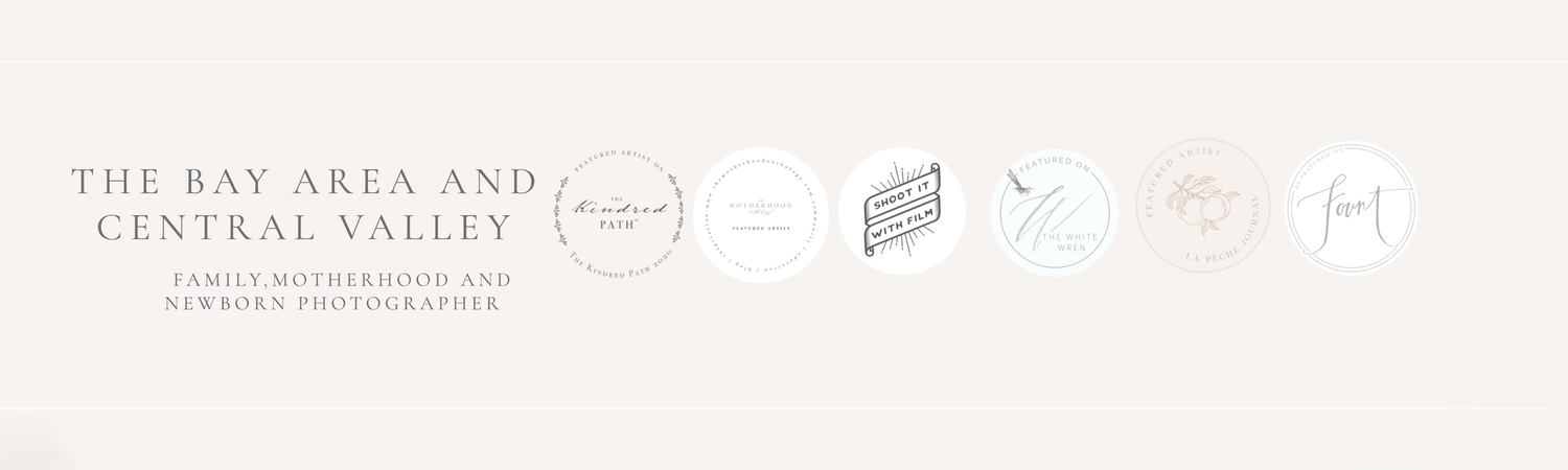 Bay Area and Central Valley family, motherhood, and newborn photographer logo with circular brand icons.