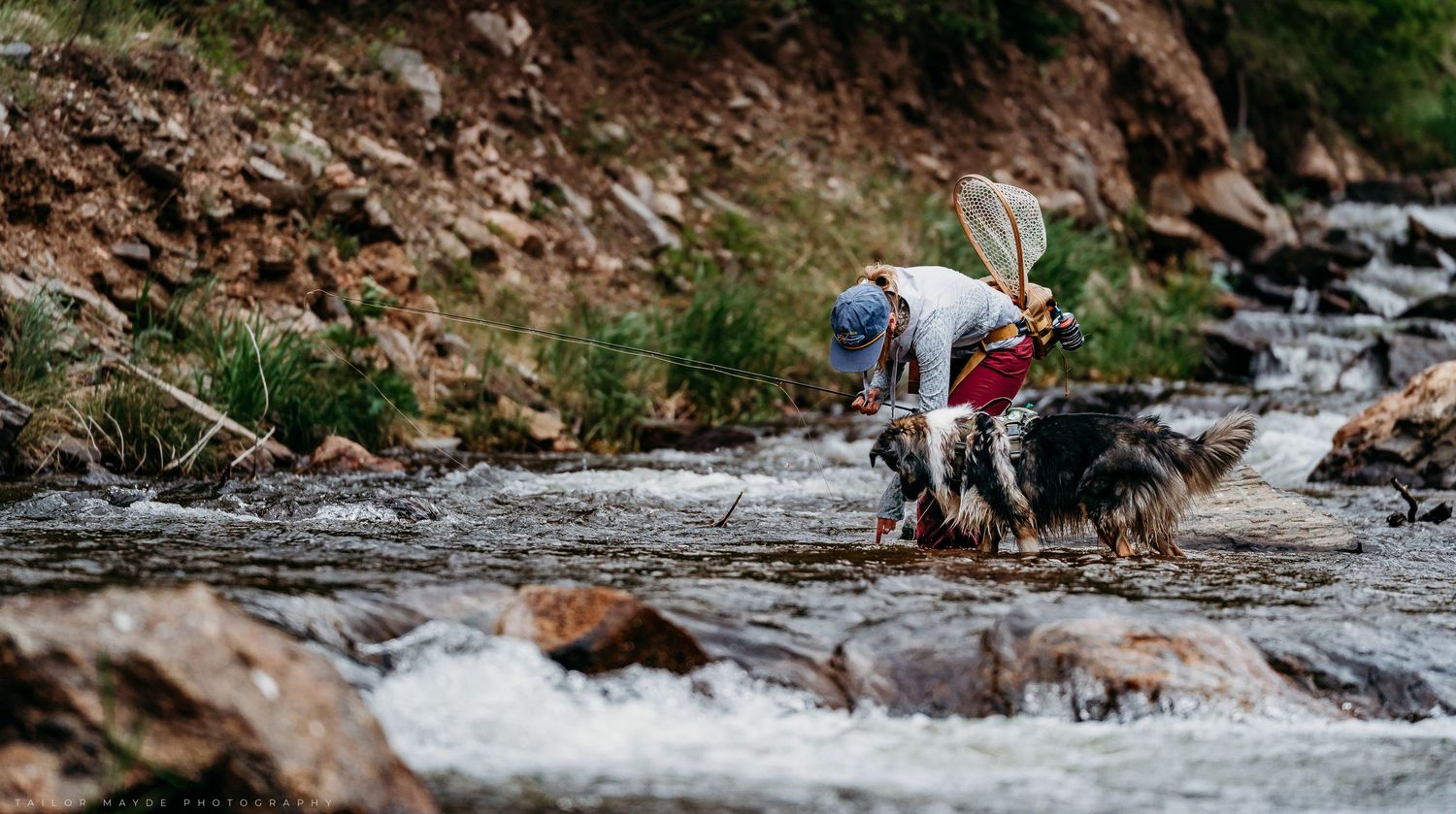 Hiker and Australian Shepherd dog cross a rushing rocky mountain stream together in the wilderness.