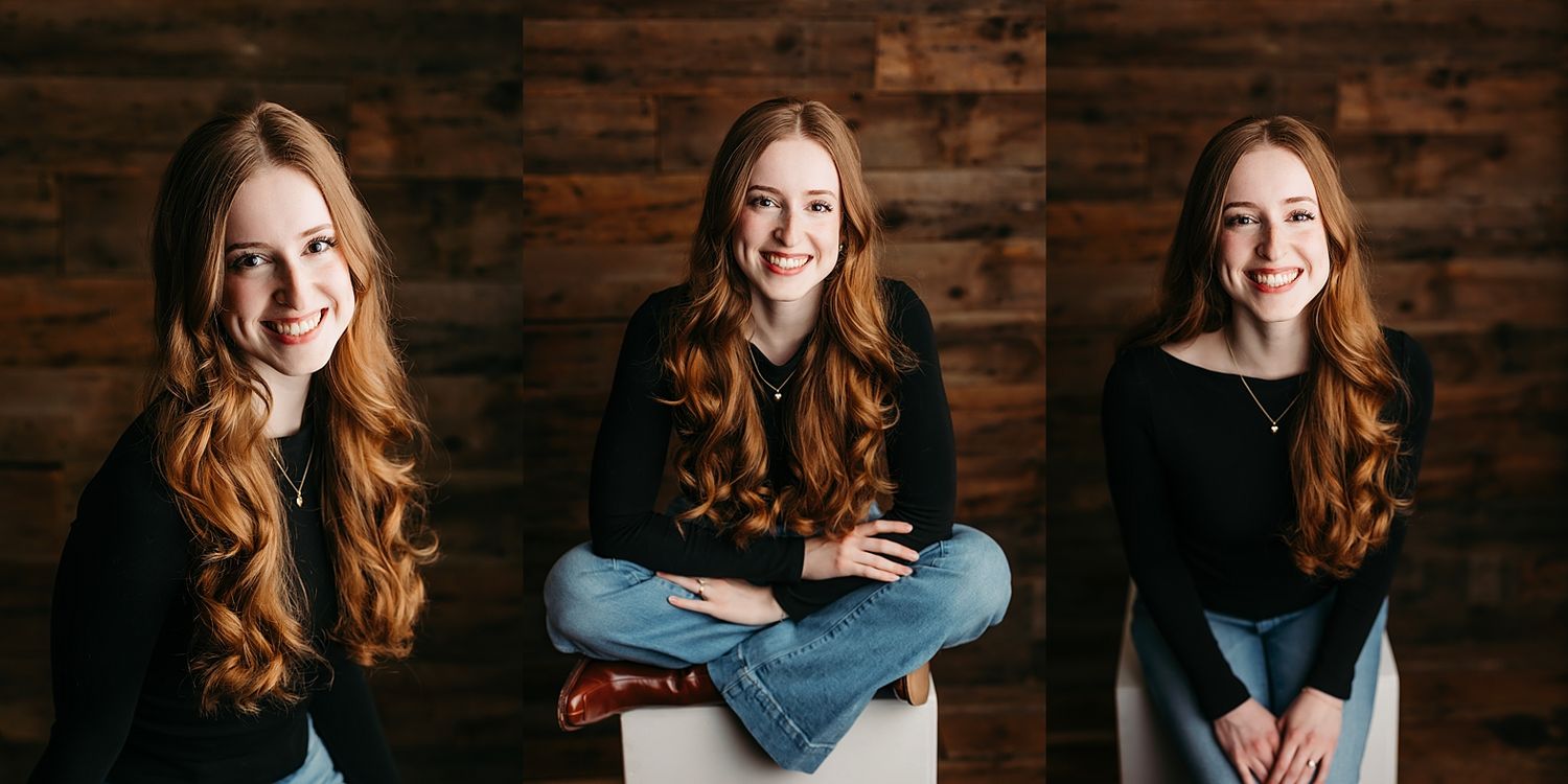 Smiling young woman with long auburn hair posing in three different positions against a dark wood backdrop.
