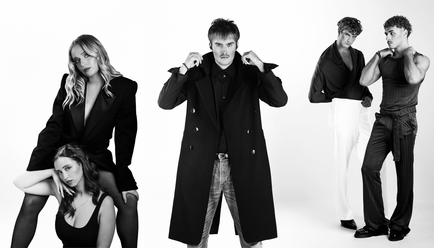 Black and white fashion editorial featuring five models posing in elegant dark and light outfits on white background.