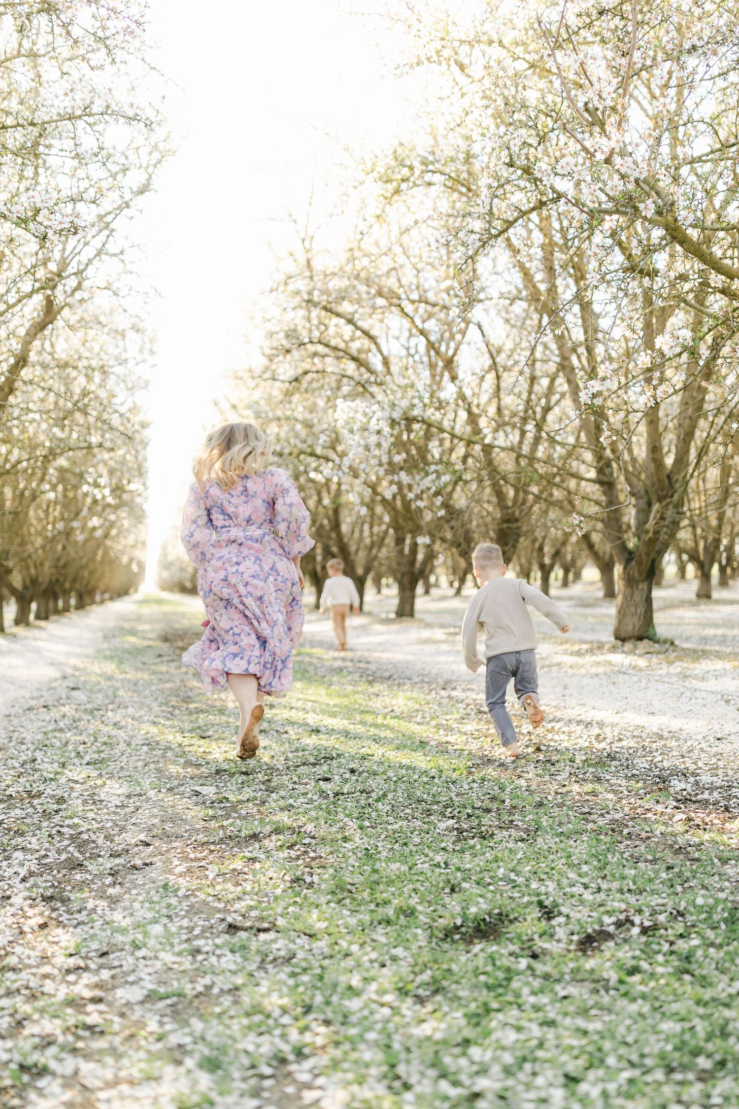 Woman in floral dress and children running through a sunlit orchard with blossoming trees in spring.