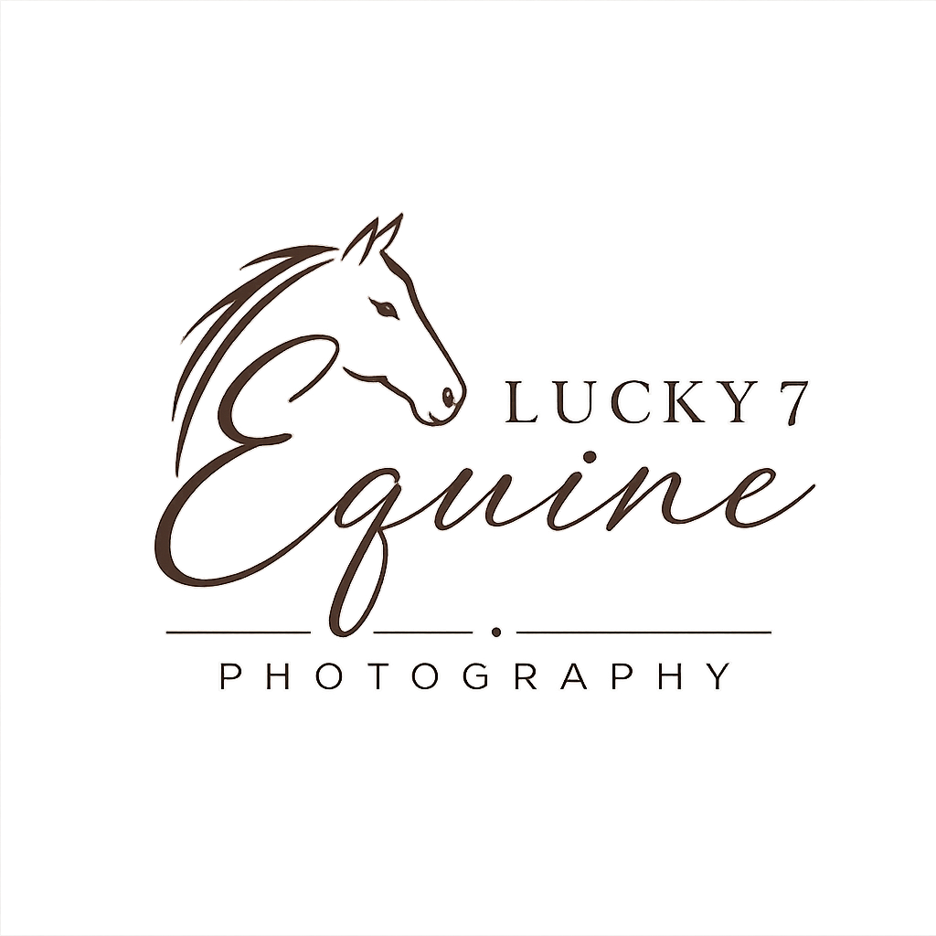 Lucky 7 Equine Photography logo featuring an elegant horse head illustration in brown ink with decorative script lettering.