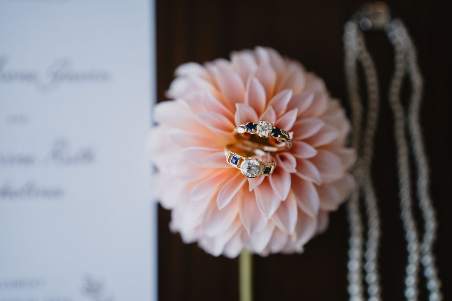 Two gold rings with diamonds and sapphires displayed on a pink dahlia flower.