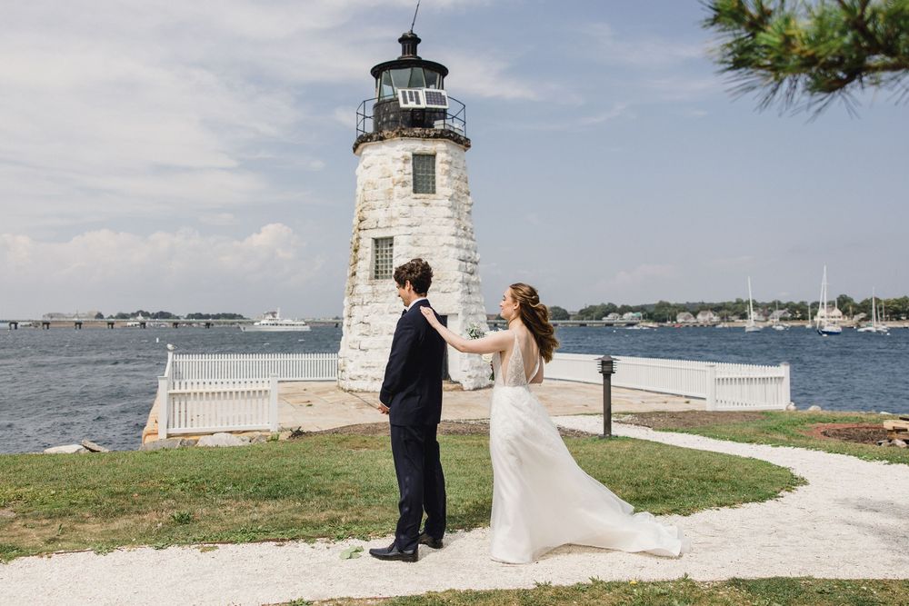 First look Newport, RI wedding, Newport Harbor island resort