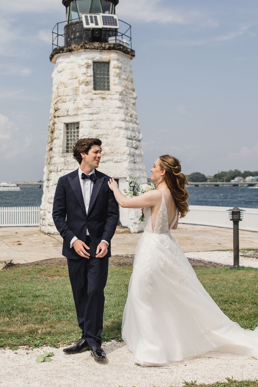 First look Newport, RI wedding, Newport Harbor island resort