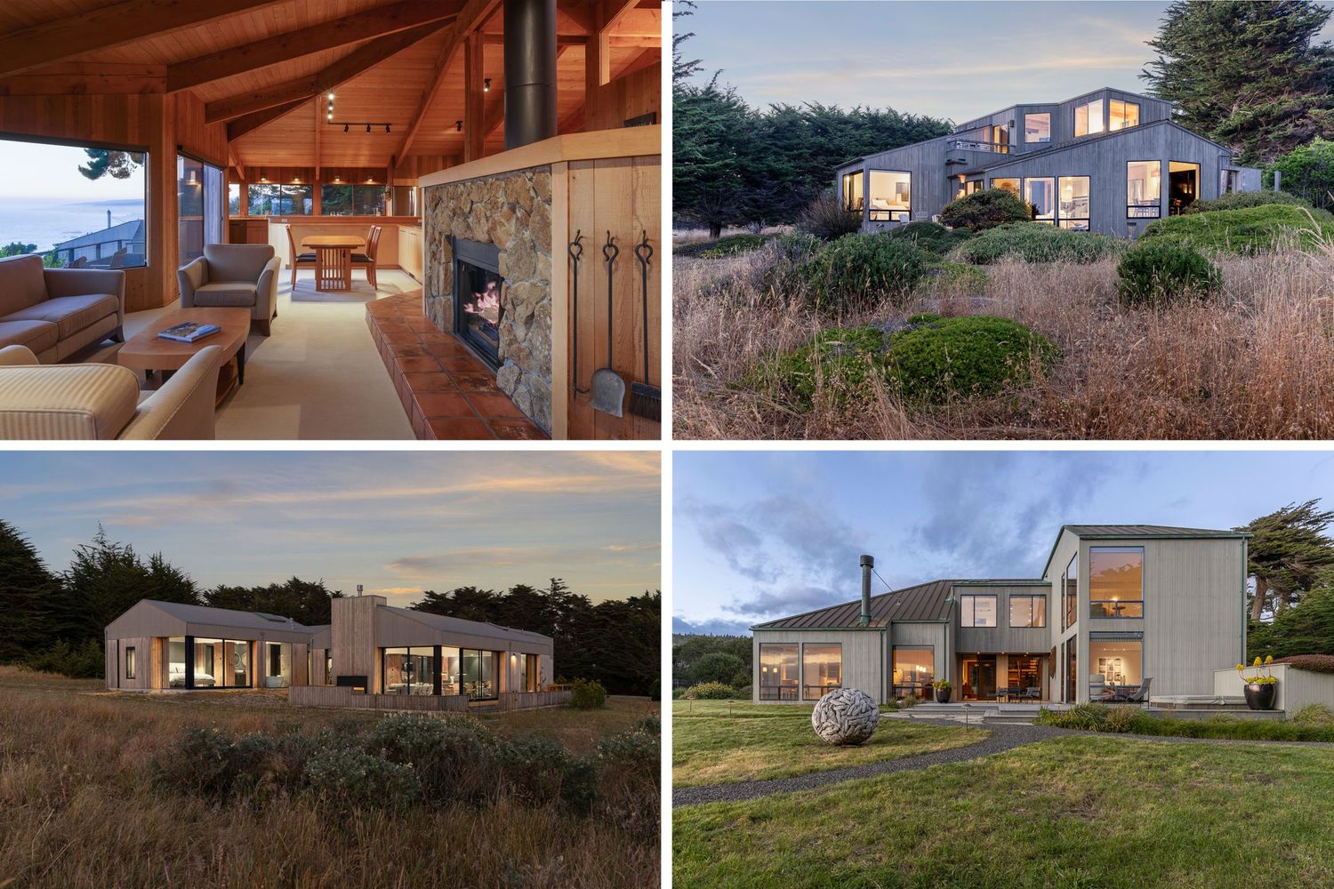 Collage of modern coastal home exterior and interior views showing architectural details at The Sea Ranch, California