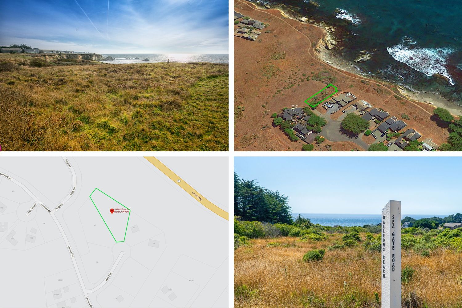 Four panel image showing coastal property views, terrain maps and trail markers near the ocean.