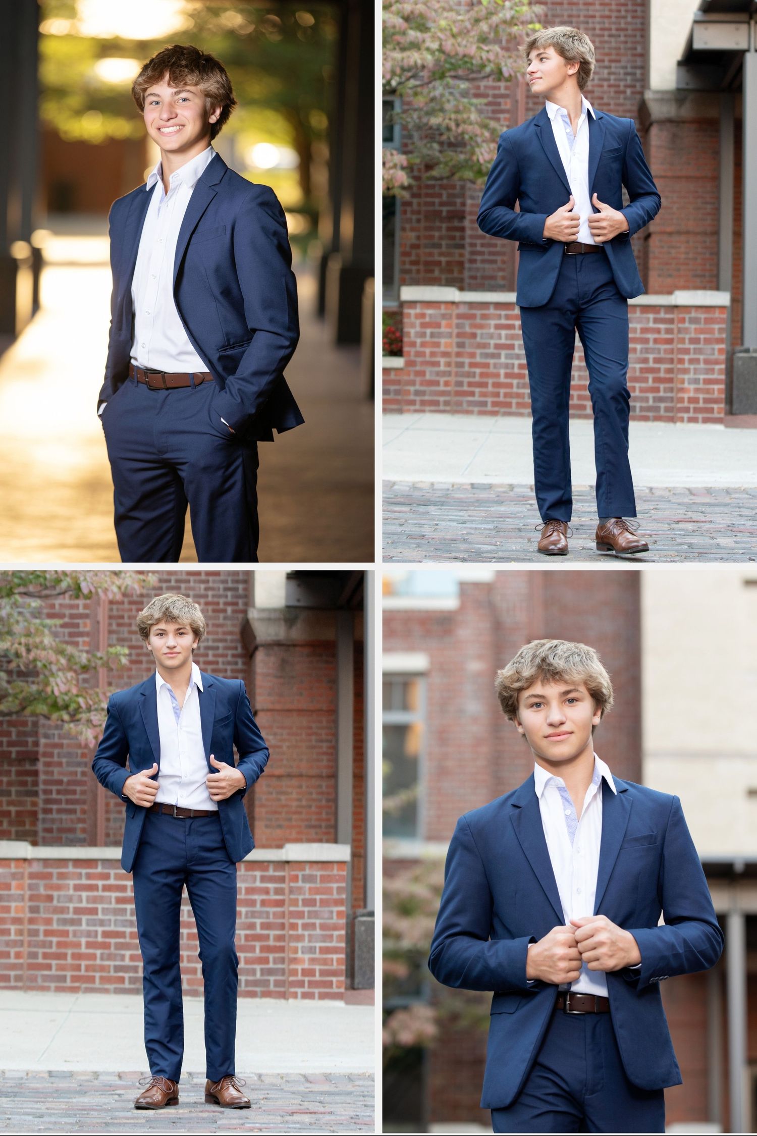 Olentangy senior portrait in a navy suit taken in the Arena District Columbus Ohio with a polished modern look.