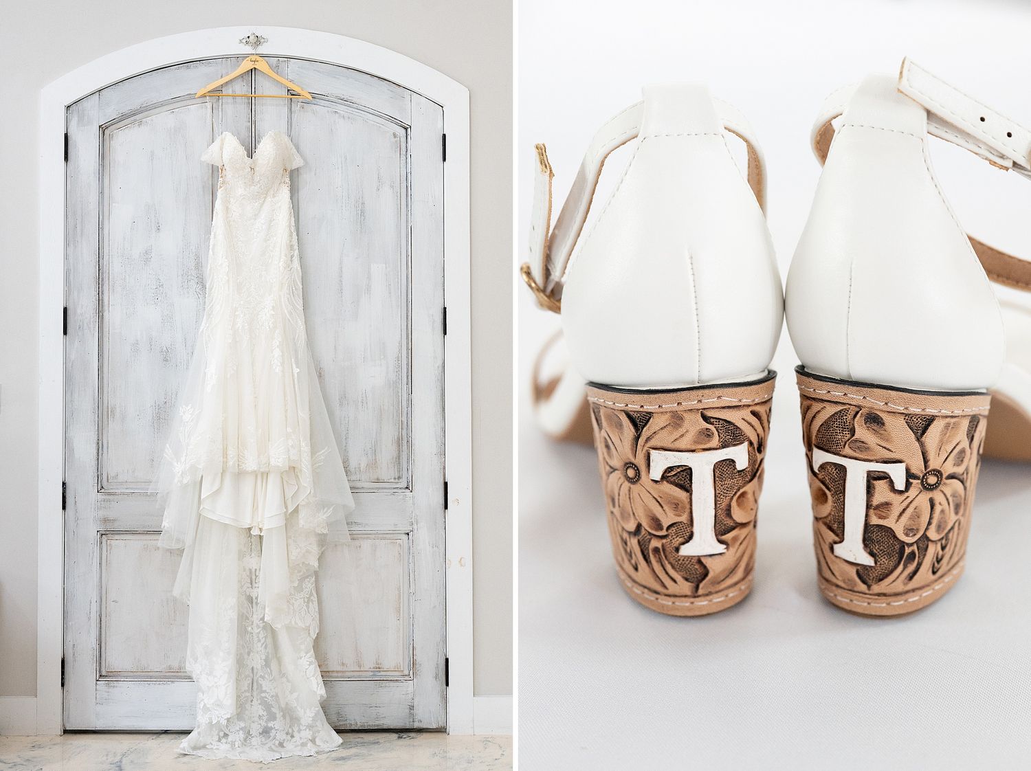 Elegant bridal gown hanging on vintage white doors beside white heels with ornate wooden block heels monogrammed with letter T.