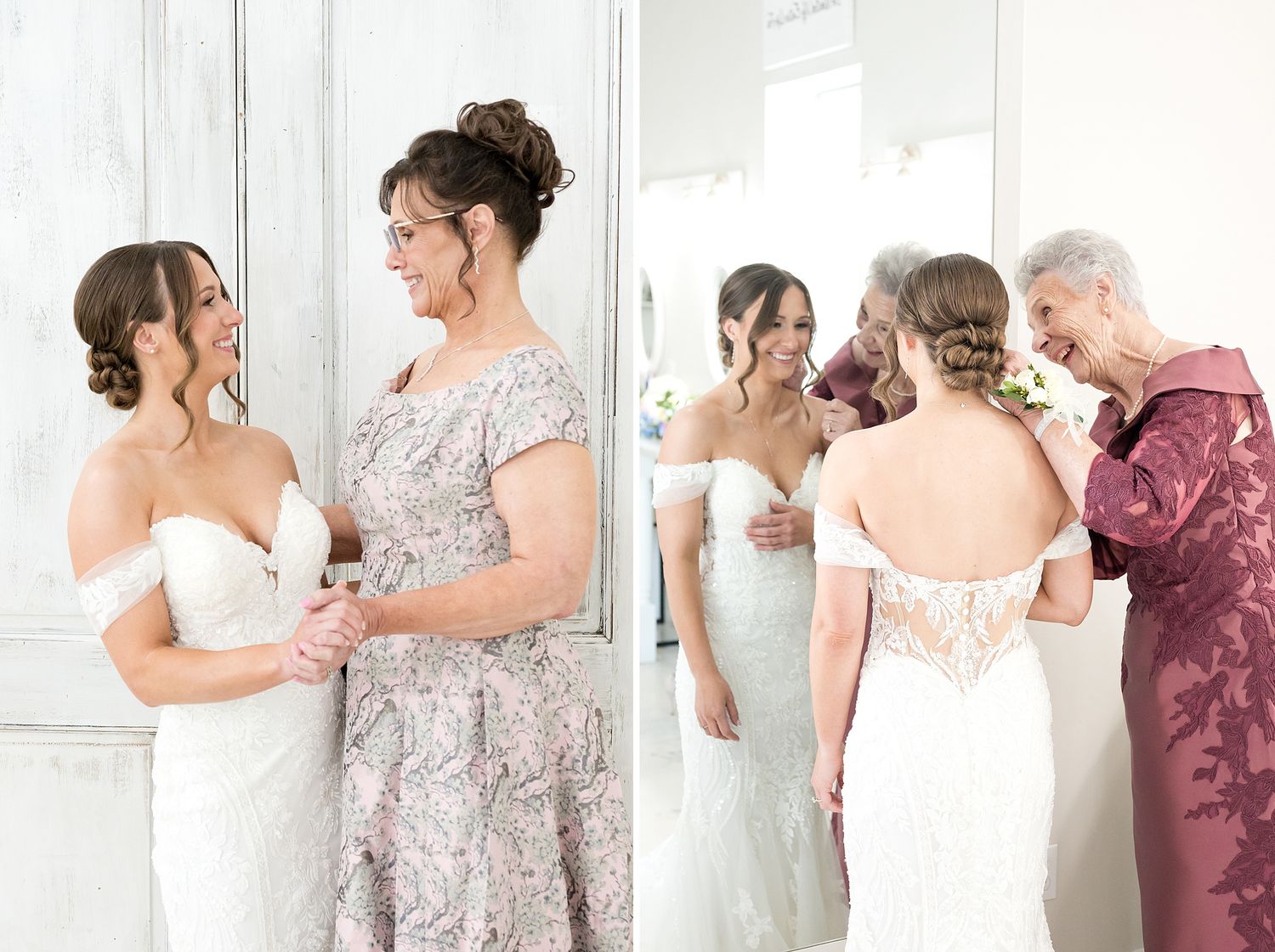 Bride smiling with mother in white off-shoulder gown during wedding preparation, with reflection visible in mirror nearby.