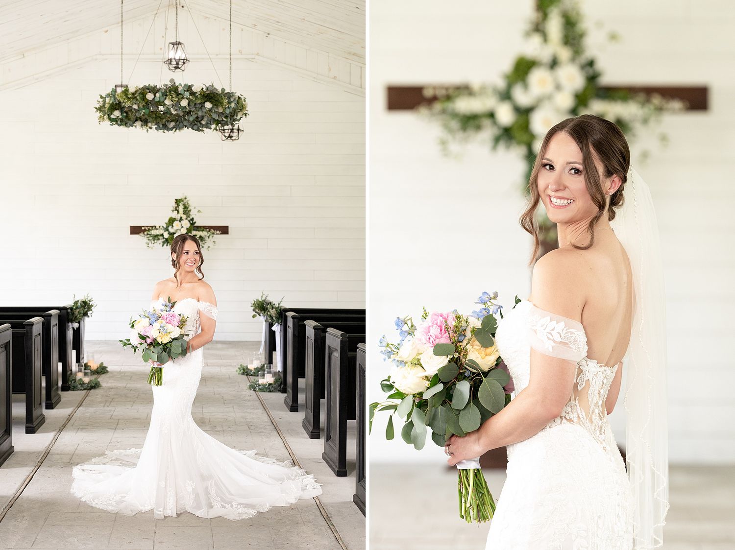 Bride in white off-shoulder gown holding pastel bouquet poses in sunlit chapel with wooden pews and floral cross.