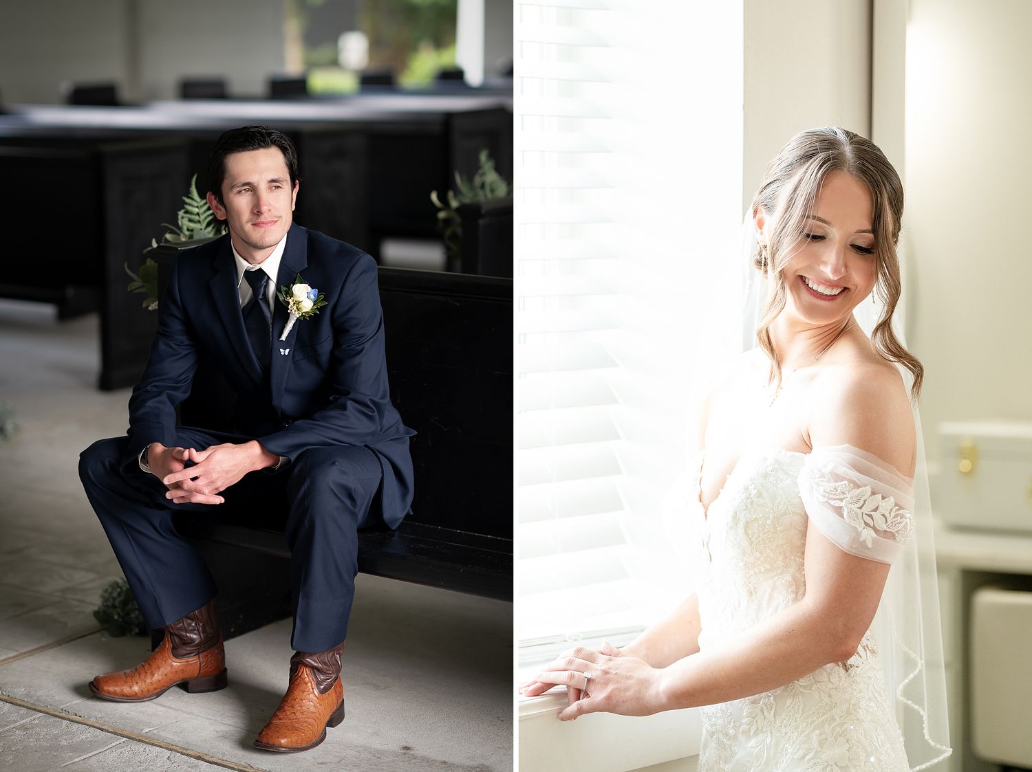 Groom in navy suit with boutonniere seated, beside bride in off-shoulder lace gown smiling by window on wedding day.
