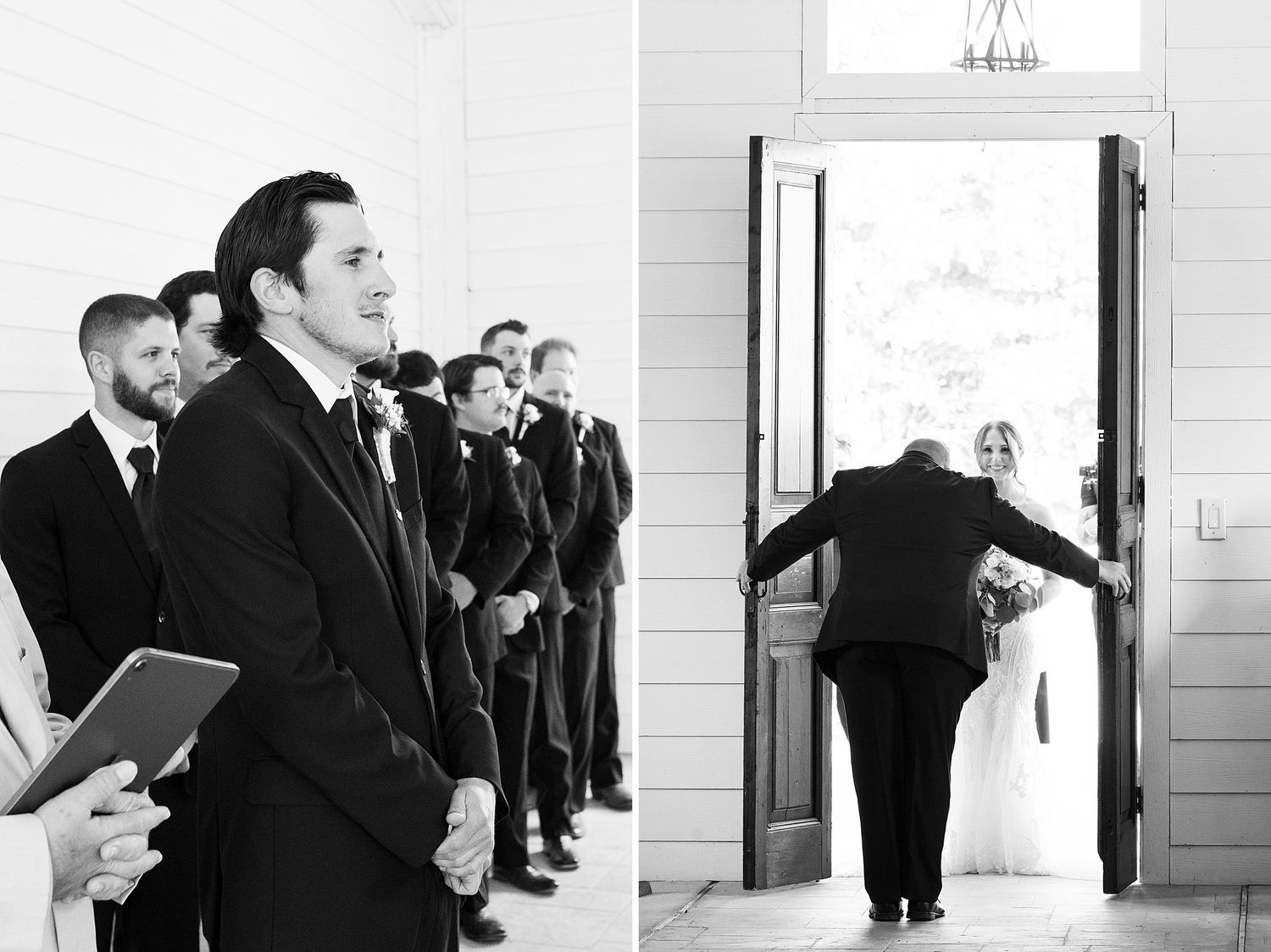 Black and white wedding photo of groom watching bride walk down aisle with father at chapel doors.