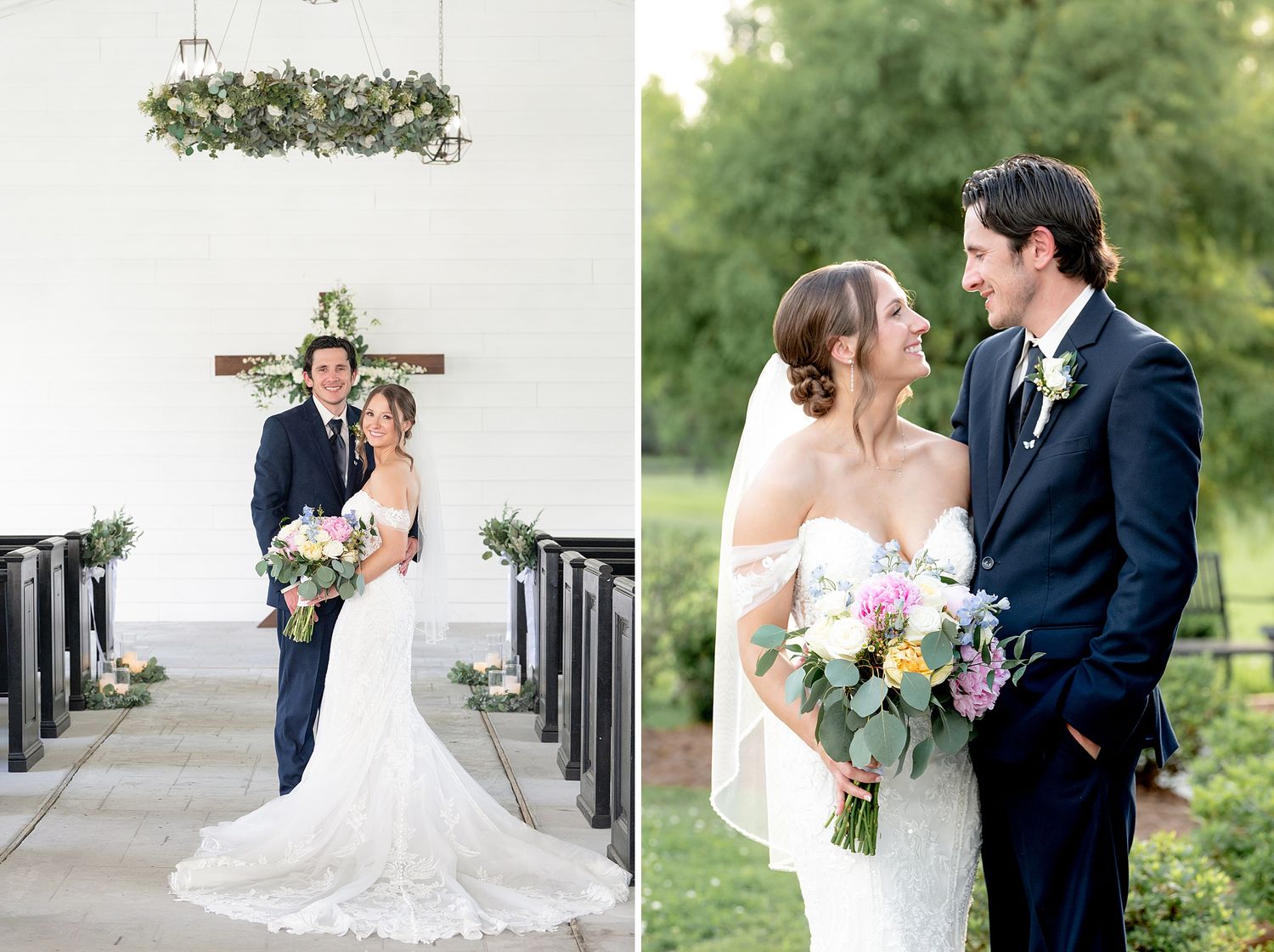 Bride and groom pose together in a white chapel and outdoors, bride holding a pastel bouquet in elegant wedding attire.