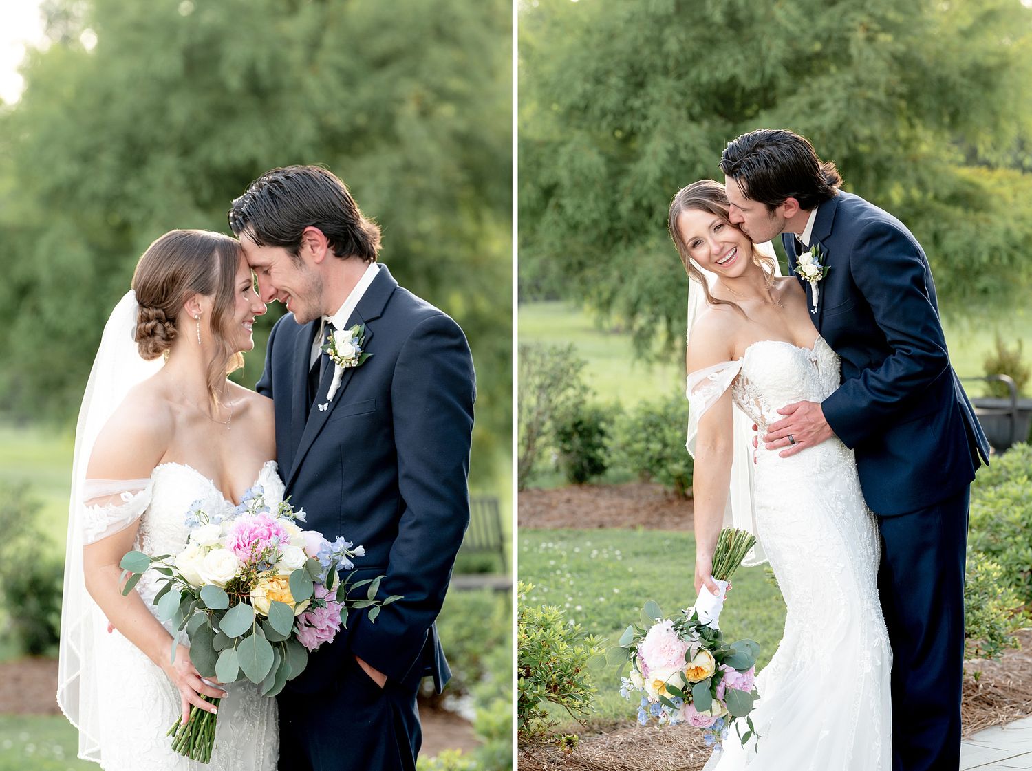 Bride and groom share tender forehead-touch moments outdoors, she holds colorful bouquet, he wears navy suit.