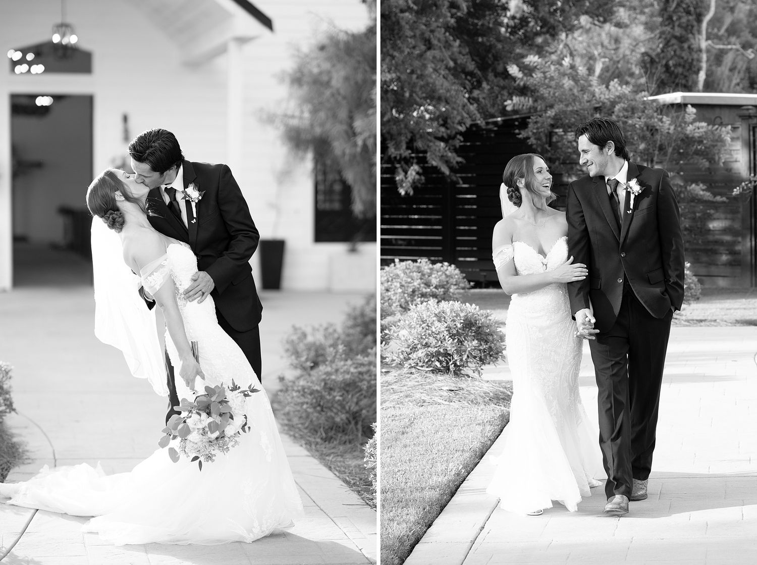 Black and white wedding photos of bride and groom sharing a dip kiss and walking together outdoors.