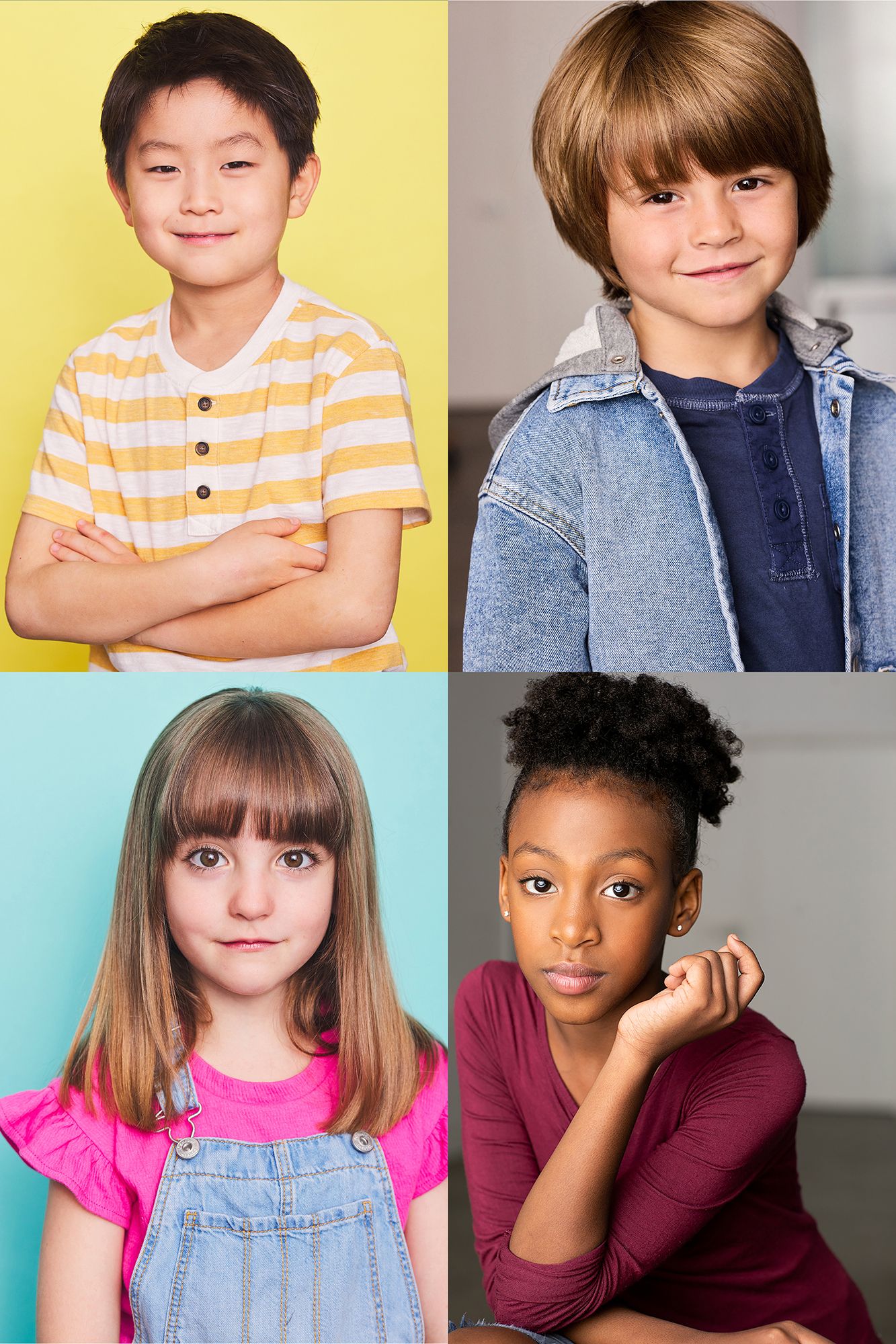 Four young actor headshots showing a variety of clothing against colorful backgrounds in a school photo collage.