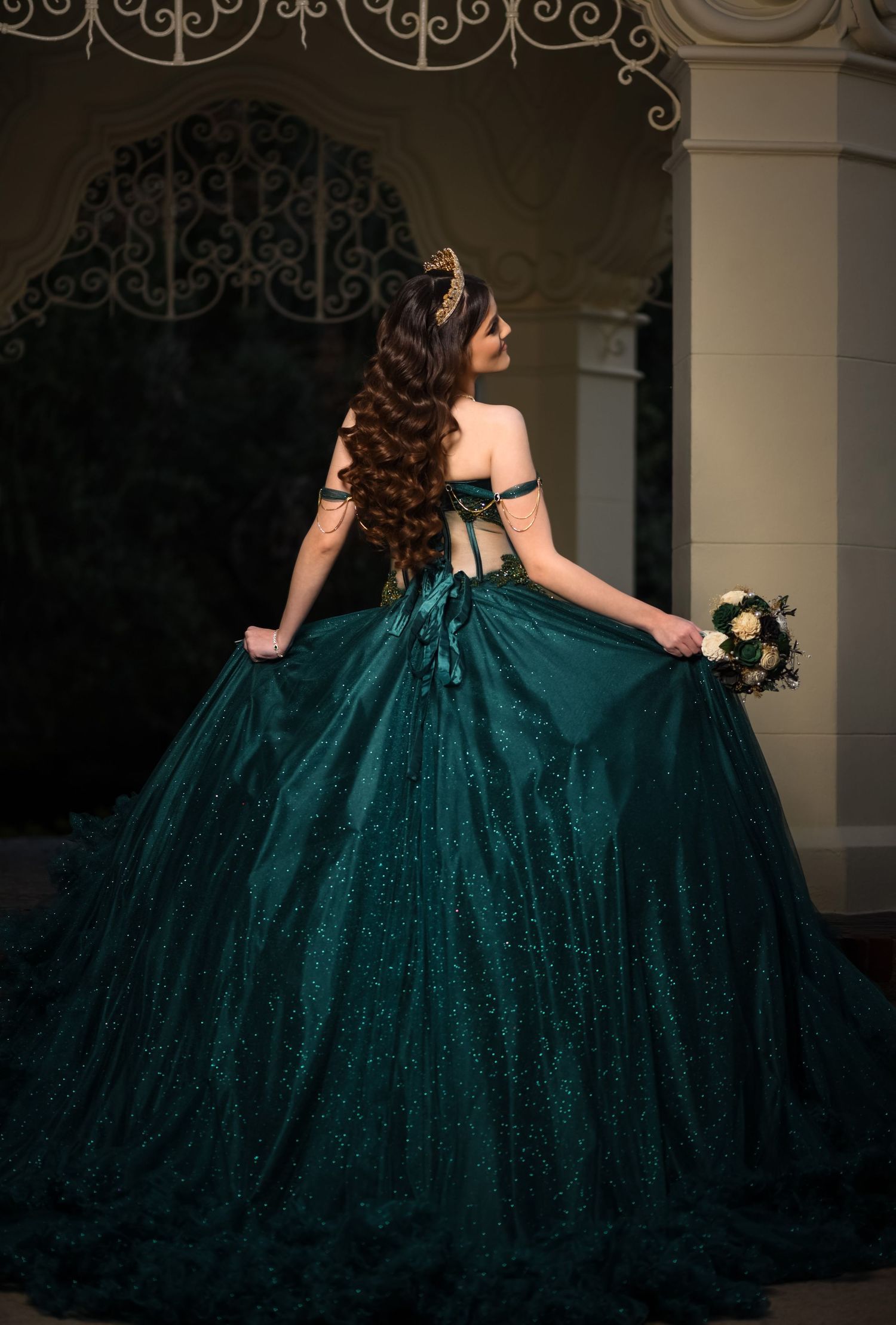 Elegant Arlington quince portraits featuring natural scenery, dress details, golden hour lighting, and professional quince photography