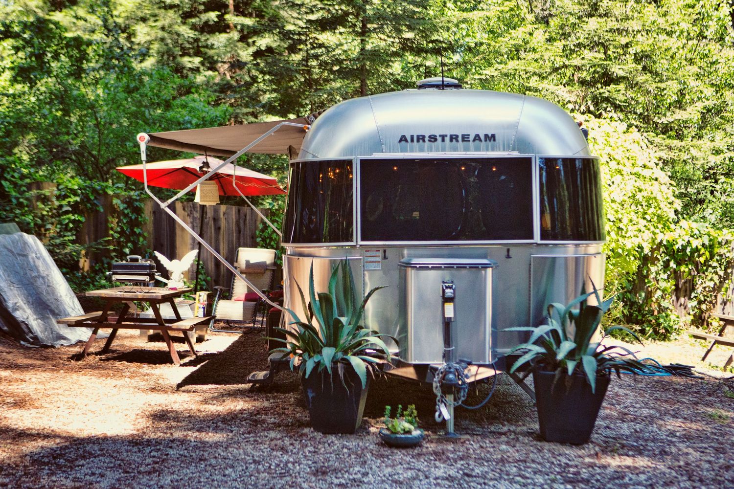Silver Airstream trailer parked in a wooded campsite with potted agave plants and outdoor seating nearby.